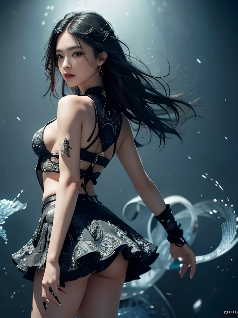 Official Art, Unity 8k wallpaper, Super detailed, beautiful and aesthetic, masterpiece, best quality, (Zentangle, dispute, Aperture), (Fractal Art: 1.4), 1 Girl, Black Hair, China人, Bare shoulders, Short skirt, calf, Umbilical cord, Very detailed, Dynamic angle, Cowboy shooting, (The most beautiful form of chaos), flow, (Vibrant colors), O'Casey, (half: 1.2), China, (Thangka Flying Apsaras: 1.5), (Ribbon: 1.3), (Dream: 1.5), (Hanfu: 1.5), China人 dragon, China人 phoenix, (Smile: 0.5), (China人 deity),