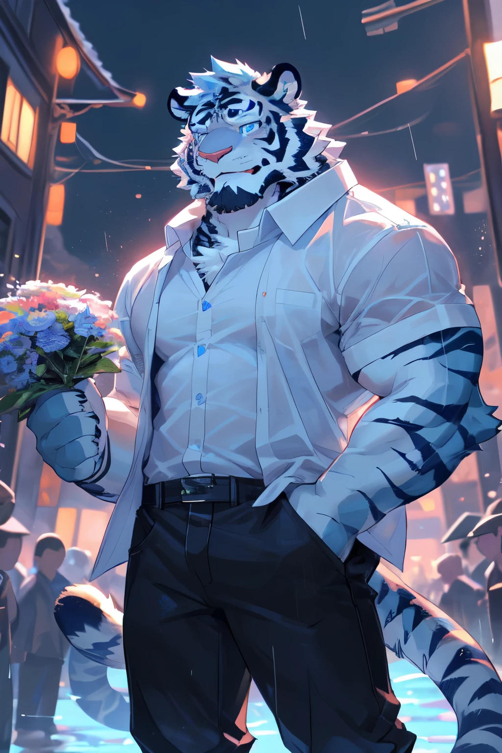 (Perfect anatomy), human nature,best quality,((Blue and white tiger | Blue-white hair | blue eyes)),(Bluish-white skin and hair),((White belly exposed)),from behind,Ultra-Wide Angle,(closed eyes),完美的blue eyes,Handsome,The muscles are not obvious,Lively and playful,young,Blushing,smiling and looking at audience,((Soaked shirt,Black jeans,Wearing sunglasses),(Holding flowers to the audience),(perfect five fingers),Small drum kit,male, Solitary,In the rainy neighborhood,Perfect anatomy,Perfect blue eyes,Tiger Tail ,By Bei Bei Bei Bei, By Zackary911