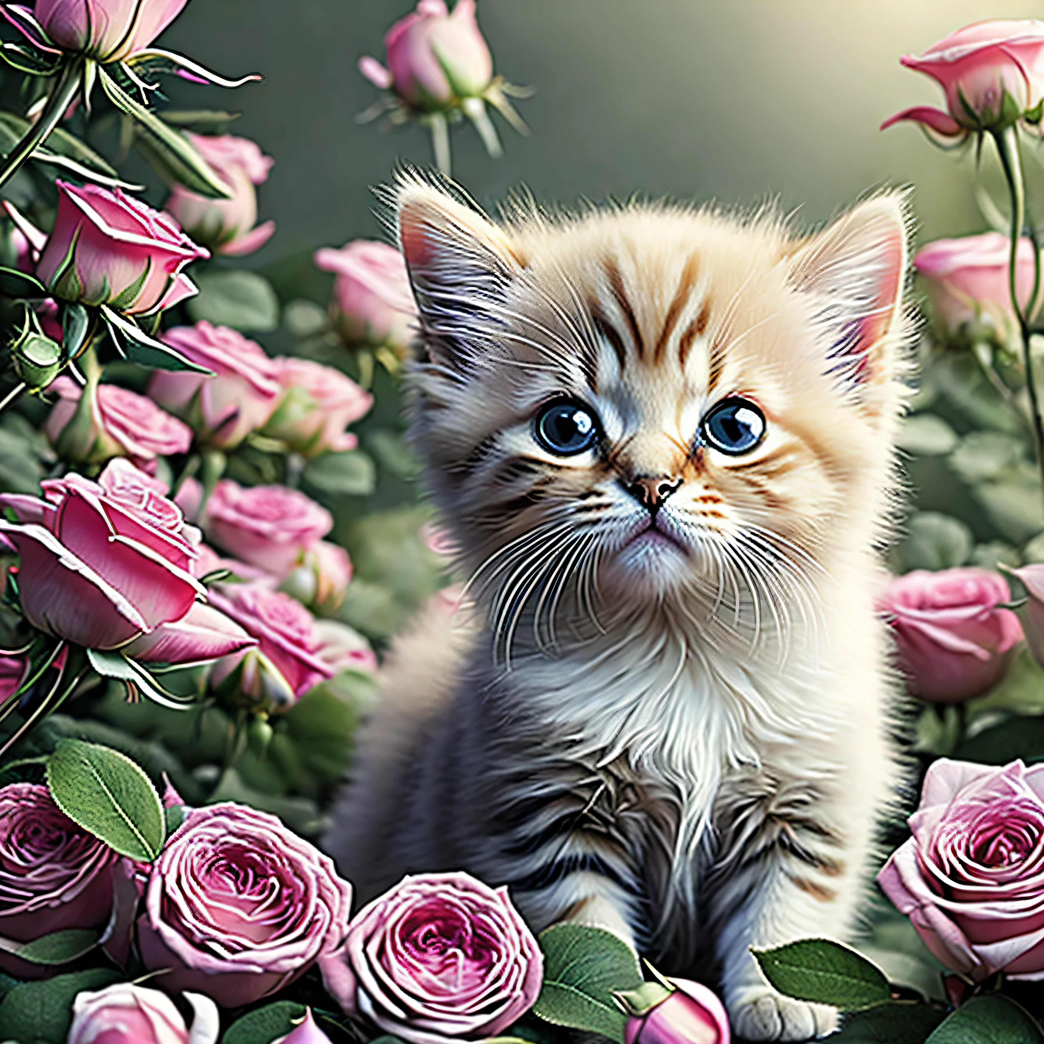 In this ultra-detailed CG art, the adorable kitten surrounded by ethereal roses, best quality, high resolution, intricate details, fantasy, cute animals