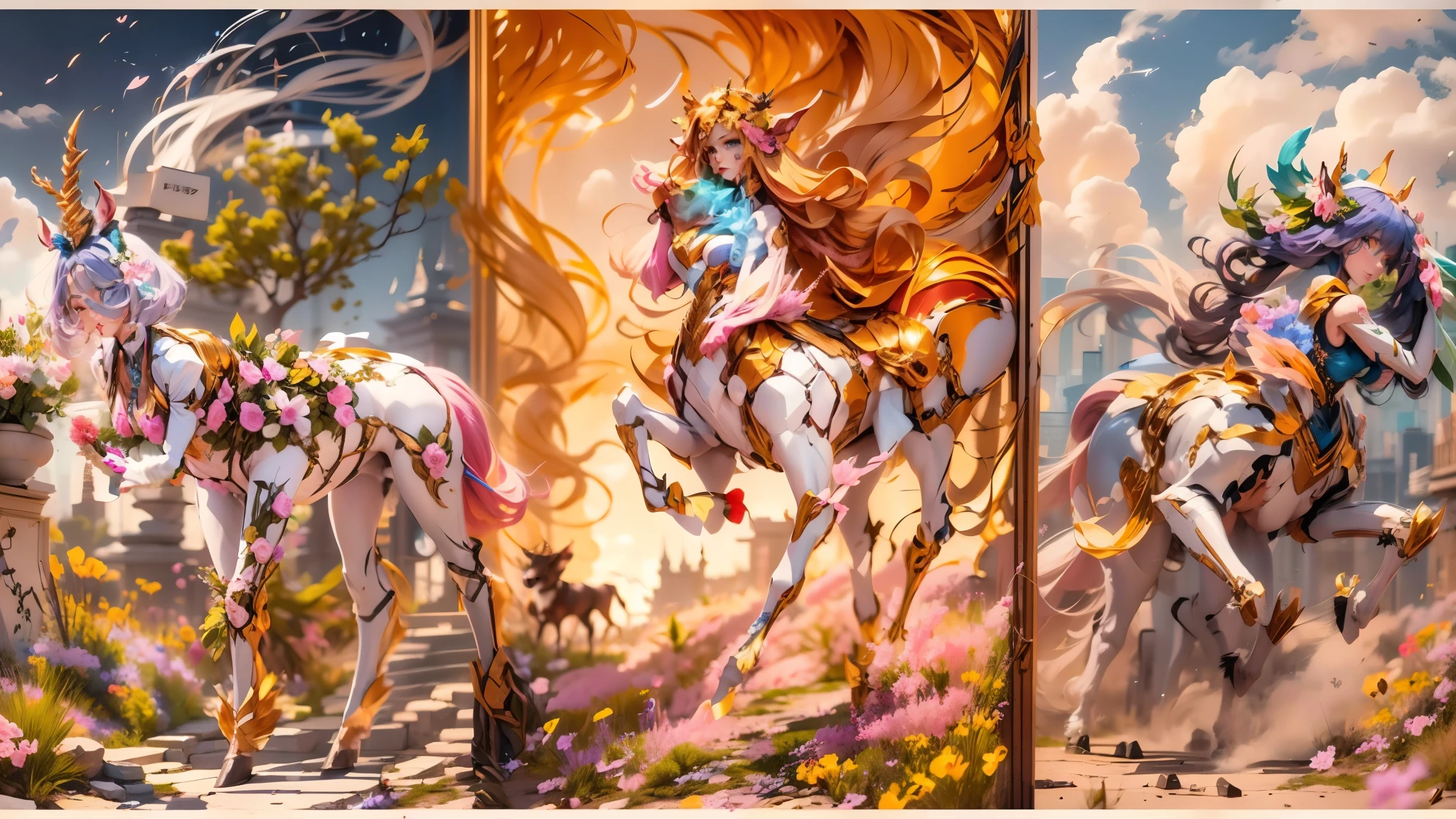 In the beautiful illustration of this super-grand scene，The ultra-distant lens shows us（More than eight distinctive and beautiful Centaur characters：2.7），Their personality、Distinctive and vivid features。from（A radiant, angelic, snow-white centaur from heaven：1.1），arrive（Nightmare-like fiery red centaur surrounded by flames：1.1）、再arrive（Green Centaur, the wind fairy dancing in the air：1.1）、再arrive有（One-horned blue centaur surrounded by lightning：1.1），arrive（A mechanical-style mecha Centaur shining with metallic light：1.1）、再arrive（A powerful dragon-shaped centaur wearing colorful dragon scale leather：1.1）、再arrive（A slender elven centaur that is graceful and agile：1.1）Gracefully wears a flower crown、arrive（Enchanting and charming Tiflin centaurs：1.1）、再arrive（A succubus centaur with an indescribably sexy feeling：1.1）。Each Centaur character fully demonstrates his unique style。The illustration uses advanced artistic techniques and tools，Use nesting、Weaving、Splicing、perspective、interlude、Montage and other artistic techniques，Divide the scene into sections by geometric arrangement，Each part corresponds to a role，from而更有效地利用了空间，Make eight centaurs exist in one picture at the same time，（The style tends to be grotesque、Hayao Miyazaki、Aesthetic、indescribable：3.3）。Through Midjourney's advanced brush tools、Color palette、Material packs和模型包、Texture tools，For each centaur, beautiful props are designed to increase racial characteristics、Clothing and physical features，Enhances the character's personality and visual appeal，（Stunning landscapes in illustrations，There are changing skies、rainbow、aurora、Stars and Moon，Incorporating iconic landmarks such as Mount Everest，and fireworks、Tranquil Lake、Natural and urban elements of waves and neon lights，Creates a magical atmosphere：1.5），Centaurs demonstrate their unique abilities and equipment in a variety of environments，This is true even in extreme alien landscapes。Use Midjourney's tools、Material packs、Texture tools、The color palette makes depicting details vivid and realistic，from复杂的发型和以及不同的种族特质、Body、Appearance features、服装arrive真实的纹理，Greatly improved the realism of the Centaurs and their surroundings，The fusion of multiple art styles adds dynamism to the character&#39;s movement at all angles，The overall visual experience is further enriched。The final illustration was described as a "masterpiece"，It has the characteristics of "best quality" and "realistic"，The details put into the creative process are shown、Level of creativity and craftsmanship。 hdr，（Reality，Masterpiece quality，Best quality）