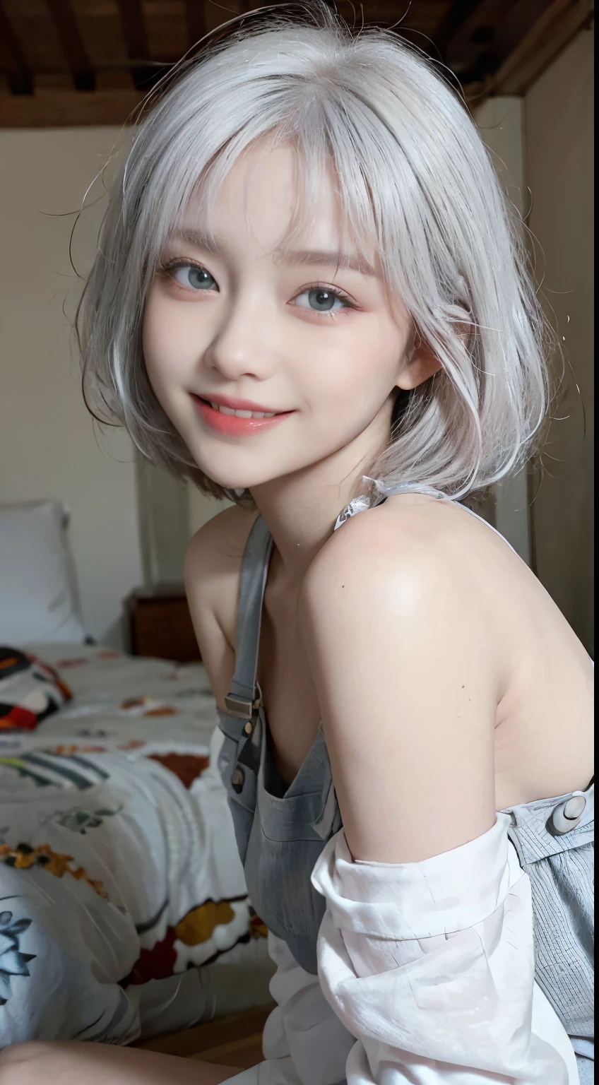 Best image quality、RAW Photos、超A high resolution、21 years old Korean、Small breasts、Dynamic Angle、Cowboy Shot、Chaos in its most beautiful form、elegant、Brutalist Design、Vibrant colors、Beautiful white hair、Short Bob、smile、fun、smile、Glowing White Skin、Beautiful eyes with random colors、Very thin lips、Beautiful eyes in every detail、length, Narrow eyes、Cheeks are pale pink、length eyelashes、Beautiful double eyelids、eye shadow、Bright white hair、Overalls、Sandy Beach、null、Shooting from below at an angle