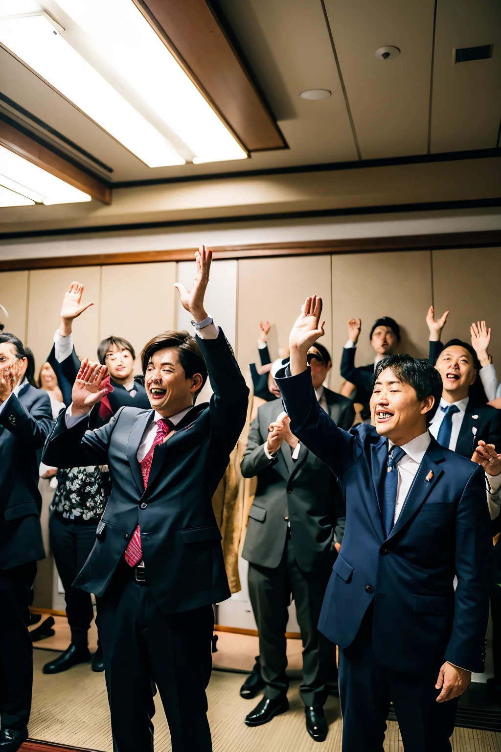 50 Japanese men and women in suits all raising their hands