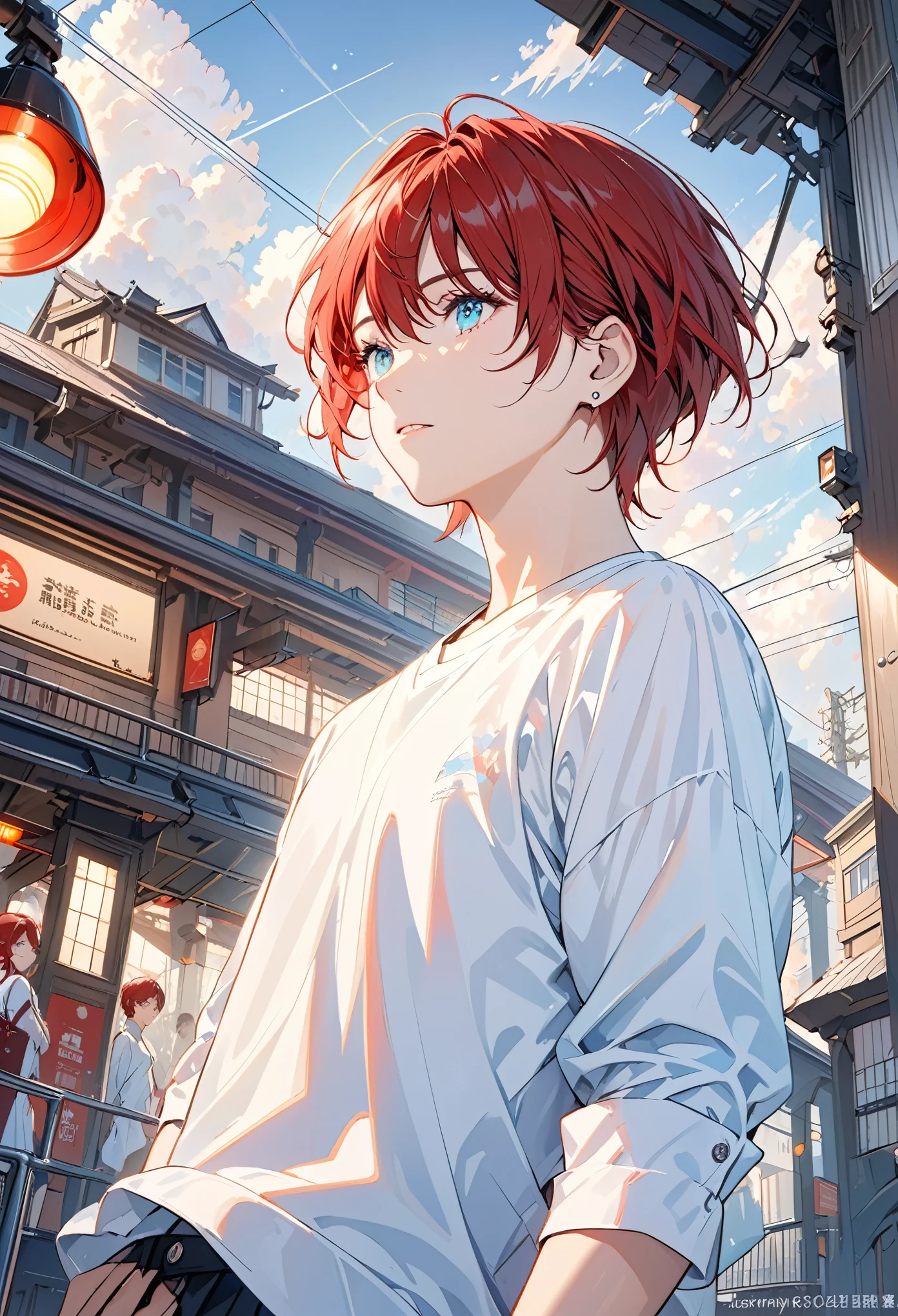 (best quality),(masterpiece), (Extremely detailed 8k wallpaper),Extremely detailed,movie lighting, Detailed lighting, The best shadow, Dynamic Angle, From below, train station, train, Signal lights, 1 boy, Leonard Deng, Red hair, Aqua eyes, earrings, Single speaker, There are streaks on the face, sparkling, White shirt,, Delicate face, Detailed reflective eyes, beautiful eyes, 极其Delicate face,Reflective hair,