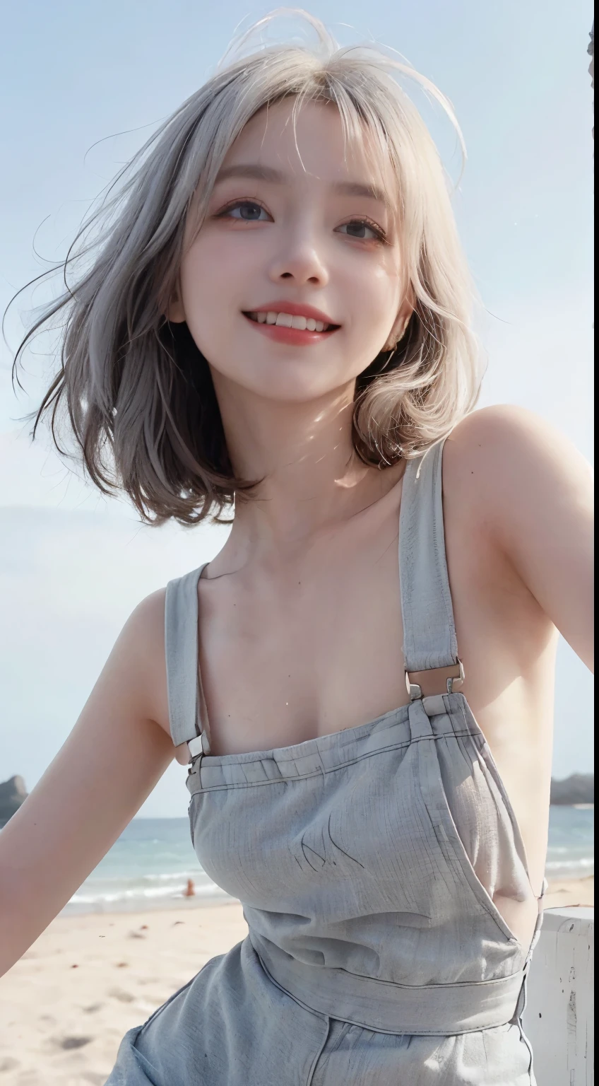 Best image quality、RAW Photos、超A high resolution、21 years old Korean、Small breasts、Dynamic Angle、Cowboy Shot、Chaos in its most beautiful form、elegant、Brutalist Design、Vibrant colors、Beautiful white hair、Short Bob、smile、fun、smile、Glowing White Skin、Beautiful eyes with random colors、Very thin lips、Beautiful eyes in every detail、length, Narrow eyes、Cheeks are pale pink、length eyelashes、Beautiful double eyelids、eye shadow、Bright white hair、Overalls、Sandy Beach、null、Shooting from below at an angle