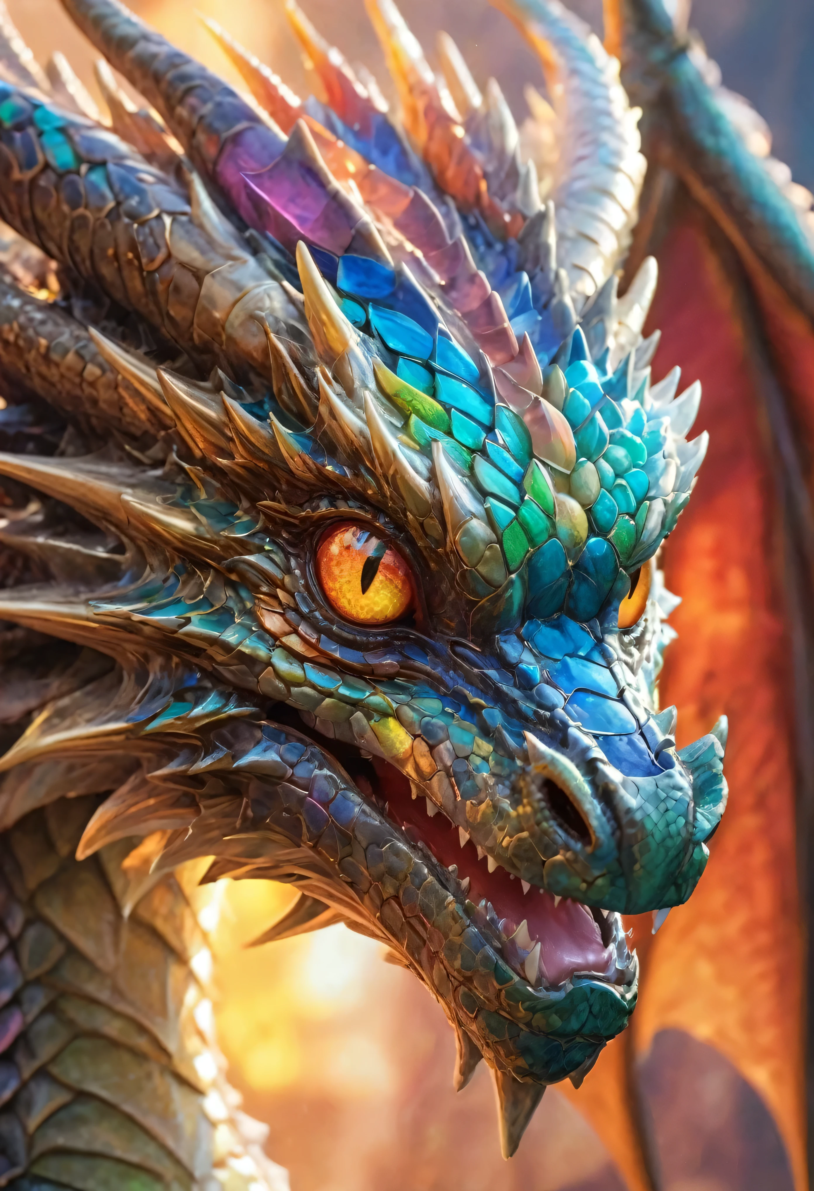a close-up of the head of a magnificent, very detailed realistic dragon, its scales are like multi-colored glass. Her eyes are gorgeous and textured