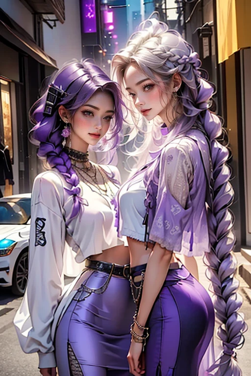 highest quality, Very detailed, masterpiece, Two women posing happily,(((Perfect female body))),Very beautiful face, Very beautiful body,Gentle expression, Very beautiful eyes,(Perfect Makeup:1.1),Fashion Model,DJ Style,Pink and blue cyberpunk fashion, Mullet Cut,Shaggy Hair,(White purple long braided hair: 1.5), very thin body,Smart Abs,((Monogram pattern:1.3)),Blue to red gradient,Fishnet blouse,((Long leg pencil skirt,anklet)),LED Light,Two-tone high-top sneakers,A kind smile,Cooboy Shot:1.3,Portraiture,(Cyber City:1.3), (Shiny skin),(Earrings),Elegant scarves,See-through long shawl,Liquid Metal,Pirate Belt,,