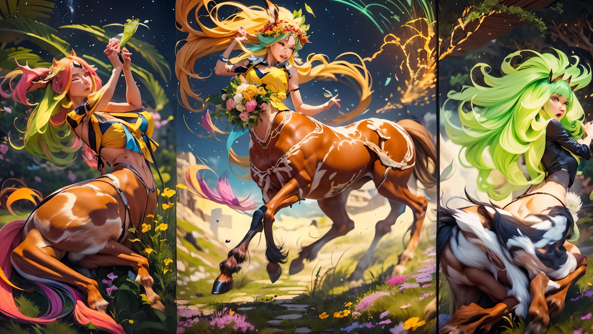 In the beautiful illustration of this super-grand scene，The ultra-distant lens shows us（More than eight distinctive and beautiful Centaur characters：2.7），Their personality、Distinctive and vivid features。from（A radiant, angelic, snow-white centaur from heaven：1.1），arrive（Nightmare-like fiery red centaur surrounded by flames：1.1）、再arrive（Green Centaur, the wind fairy dancing in the air：1.1）、再arrive有（One-horned blue centaur surrounded by lightning：1.1），arrive（A mechanical-style mecha Centaur shining with metallic light：1.1）、再arrive（A powerful dragon-shaped centaur wearing colorful dragon scale leather：1.1）、再arrive（A slender elven centaur that is graceful and agile：1.1）Gracefully wears a flower crown、arrive（Enchanting and charming Tiflin centaurs：1.1）、再arrive（A succubus centaur with an indescribably sexy feeling：1.1）。Each Centaur character fully demonstrates his unique style。The illustration uses advanced artistic techniques and tools，Use nesting、Weaving、Splicing、perspective、interlude、Montage and other artistic techniques，Divide the scene into sections by geometric arrangement，Each part corresponds to a role，from而更有效地利用了空间，Make eight centaurs exist in one picture at the same time，（The style tends to be grotesque、Hayao Miyazaki、Aesthetic、indescribable：3.3）。Through Midjourney's advanced brush tools、Color palette、Material packs和模型包、Texture tools，For each centaur, beautiful props are designed to increase racial characteristics、Clothing and physical features，Enhances the character's personality and visual appeal，（Stunning landscapes in illustrations，There are changing skies、rainbow、aurora、Stars and Moon，Incorporating iconic landmarks such as Mount Everest，and fireworks、Tranquil Lake、Natural and urban elements of waves and neon lights，Creates a magical atmosphere：1.5），Centaurs demonstrate their unique abilities and equipment in a variety of environments，This is true even in extreme alien landscapes。Use Midjourney's tools、Material packs、Texture tools、The color palette makes depicting details vivid and realistic，from复杂的发型和以及不同的种族特质、Body、Appearance features、服装arrive真实的纹理，Greatly improved the realism of the Centaurs and their surroundings，The fusion of multiple art styles adds dynamism to the character&#39;s movement at all angles，The overall visual experience is further enriched。The final illustration was described as a "masterpiece"，It has the characteristics of "best quality" and "realistic"，The details put into the creative process are shown、Level of creativity and craftsmanship。 hdr，（Reality，Masterpiece quality，Best quality）