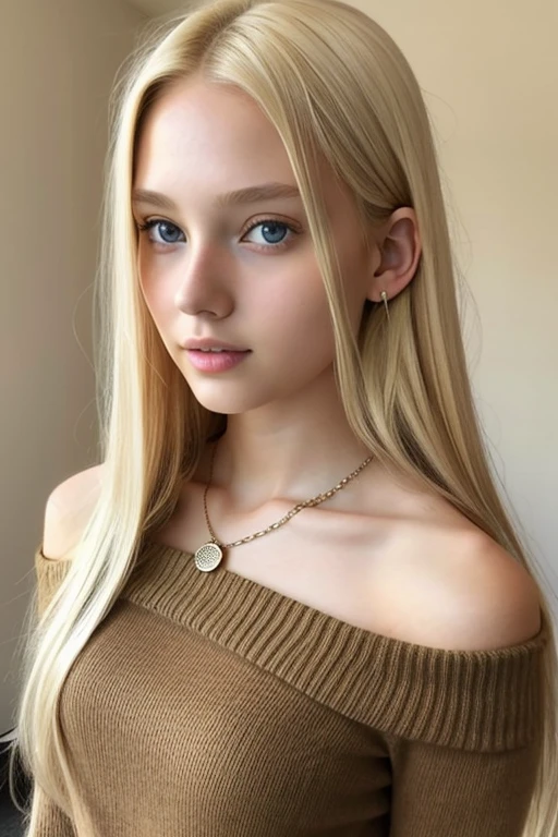 1 girl in, , Solo, long hair, Colossal, looking at viewer, blonde hair, bare shoulders, brown eyes, jewel, full body, necklace, off the shoulders, Sweaters, realistic, sexy
