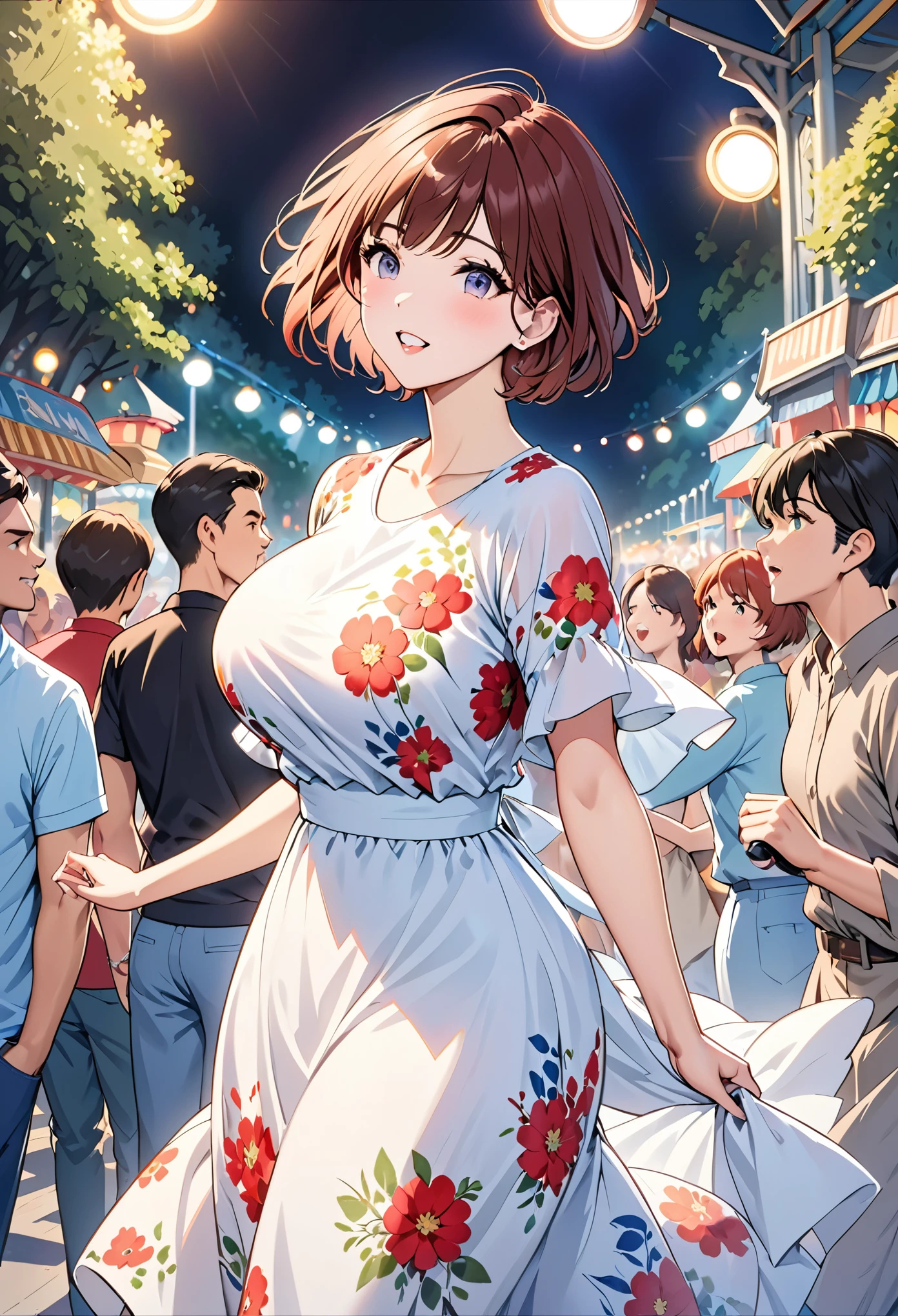best quality, 1 Girl, (Skin dentition), (Huge breasts:1.2), (Blurred Background:0.6), In a crowded amusement park, (Casual yet stylish, Elegant cloth,floral dress:1.5 ), Gorgeous, (short hair:1.5), soft light, Wind, (headlight:1.5), surprise, 
