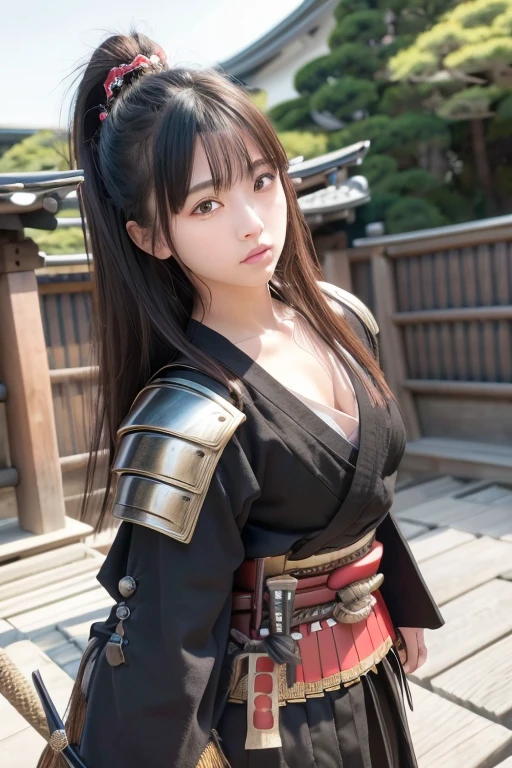 Ultra high definition、High resolution、8k、Raw photo、1 beautiful teenage Japanese woman、Big beautiful eyeedium chest、Black semi-long hair、(samurai armor:1.4), (fighting stance), (cowboy shot:1.2), nice angle, nice posture, (outdoor, kyoto)