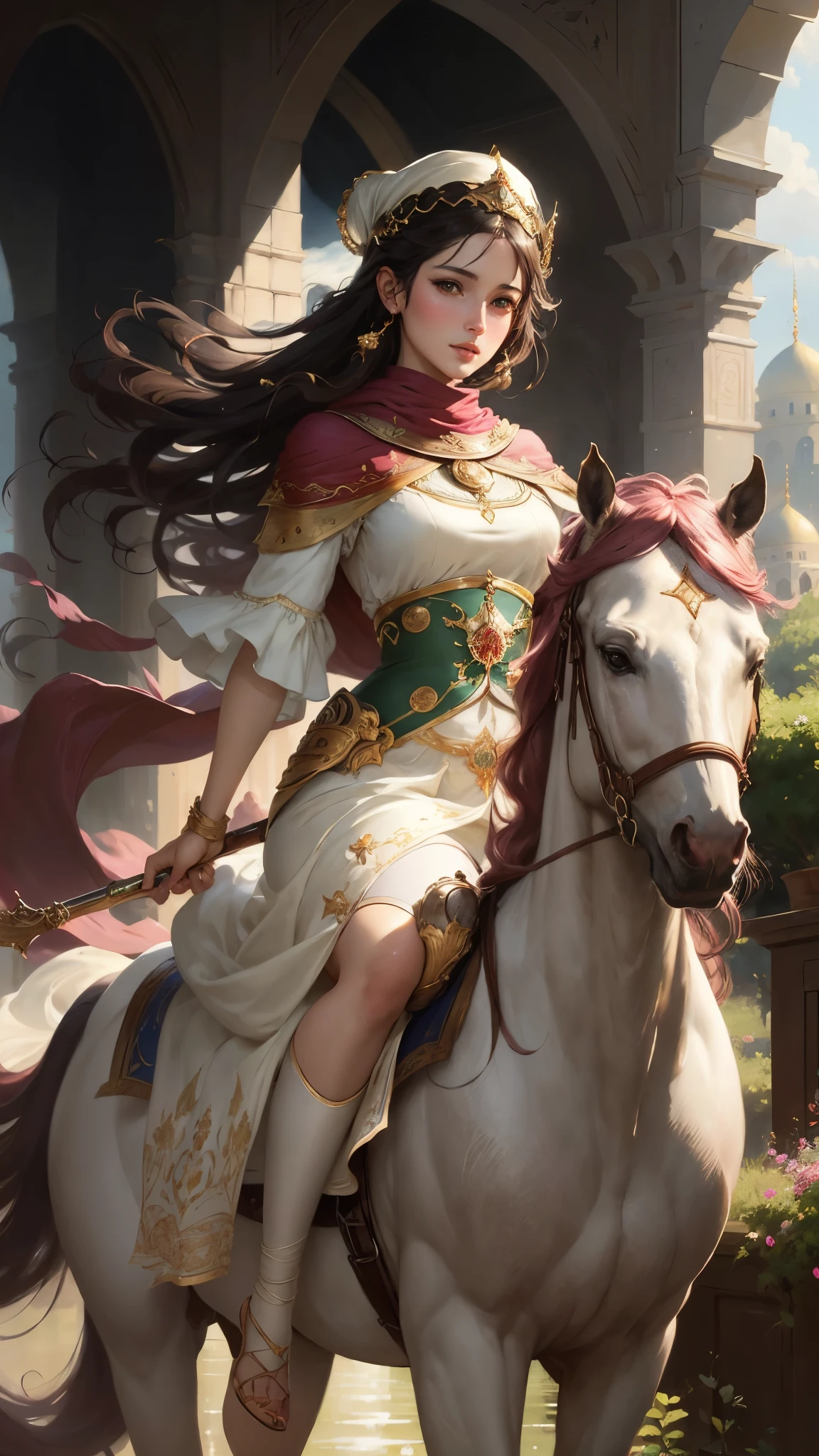 Highest Image Quality, High Resolution 8k,Painting of a mulim Woman, Beautiful Woman,pink lips, dark hair, white skin perfect body shape, green eyes, wearing islamic white uniform, Riding a white Horse in a Dress, Wlop Painting Style, Beautiful Character Painting, Beautiful Painting, Very Well Detailed Painting,Graphic Artist Magali Villeneuve, by Yang J, Wlop Art, Art by Edouard Bisson, Beautiful Fantasy Painting, Art by Wlop and Greg Rutxowski, stylish digital painting, oil painting style, beautiful digital painting, very well detailed