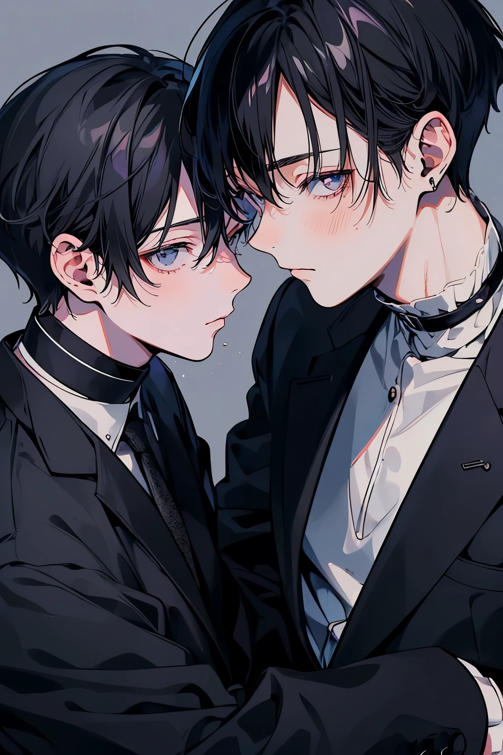 (Mastepiece), (Best Quality), Very detailed, ((Two men intimate:1.5)), Perfect Face, Beautiful Face, Very detailedな顔,(Black-haired man:1.3),(Grey-haired man:1.3)、suit