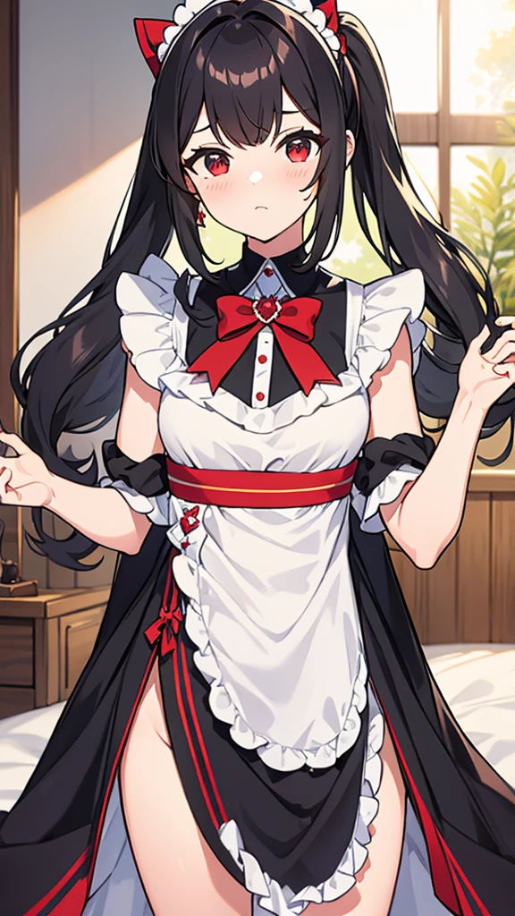 adulto, Cabello negro ondulado, mirada penetrante con ojos profundos de color rojo, estatura promedio, Silky hair with a ponytail hairstyle collected with a red bow with two white lines, tiene pechos grandes, primer plano, session, standing in the middle of his room [[[[Maid]]] , Sonrojada, muslos grandes, maid, elfa 