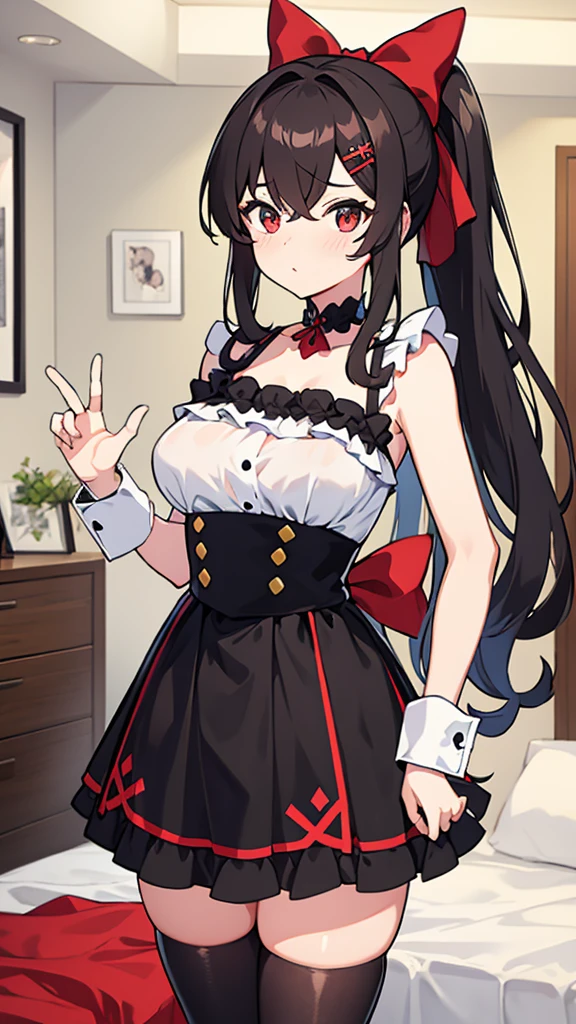 adulto, Cabello negro ondulado, mirada penetrante con ojos profundos de color rojo, estatura promedio, Silky hair with a ponytail hairstyle collected with a red bow with two white lines, tiene pechos grandes, primer plano, session, standing in the middle of his room [[[[Maid]]] , Sonrojada, muslos grandes, maid, elfa 