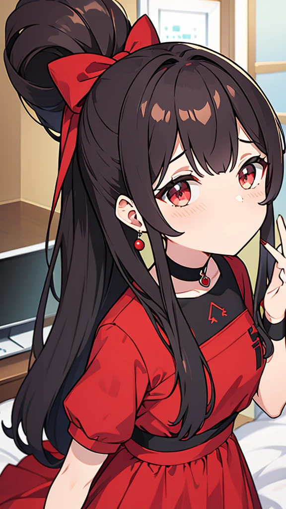 adulto, Cabello negro ondulado, mirada penetrante con ojos profundos de color rojo, estatura promedio, Silky hair with a ponytail hairstyle collected with a red bow with two white lines, tiene pechos grandes, primer plano, session, standing in the middle of his room [[[[Maid]]] , Sonrojada, muslos grandes, maid, elfa 