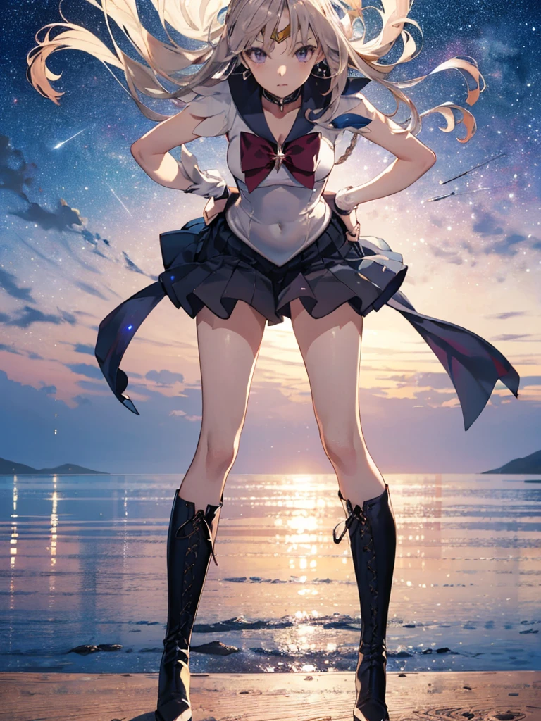 (full body),1 girl，solo，Sailor Saturn, purple Sailor collar, Sailor collar, Sailor Warrior Uniform,leotard，Elbow Handbags，Braided knee-high boots，Gold tiara on forehead, Tomoe Hotaru, space, silence_sword,, (masterpiece:1.2), (Highest_quality:1.2), (Ultra_detailed:1.3), 8k, very_clear, Breaking Dynamic Shots，Kung Fu Pose，Highestquality, High resolution, unity 8k wallpaper, (shape:0.8), (Beautiful and fine grain:1.6), verydetailedな顔, Perfect Sentence, detailedなCG, (Perfect hands, Perfect Anatomy),Thick thighs, Place one hand on hip，Squat，Spread your legs，Dynamic Angle, (From behind,Bent over, Remember),Looking down，From below，