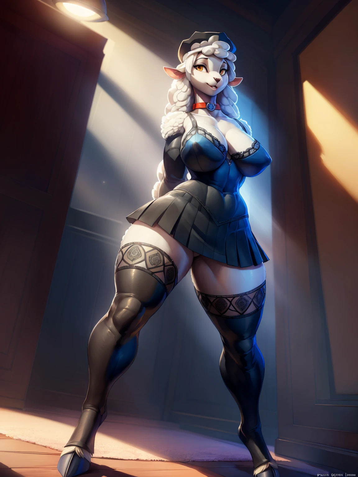 uploaded on e621, by Pixelsketcher, by Bayard Wu, by Thomas Benjamin Kennington, by Einshelm, solo anthro, ((Portrait)), ((Wear a black tight police uniform)), red collar, police uniform, police hat, showing police emblem, unbottom blue blouse, black leather skirt, (Lace Model Underwear), ((mouth open)), (detailed Bonifasko lighting), Nature Purity, (Detailed fur), (detailed skin), BREAK, (hands on the waist), ((facing viewer with legs spread)), (Cinematic lighting), ((Detailed background)), (half body shadow), [Backlighting], [crepuscular ray], [Detailed ambient light], [gray natural lighting], [ambient light on the belly], (higher wildlife feral detail), [explict content], [sharp-focus], (Questionable content), (shaded), ((Masterpiece), Long curly hair, white hair, wool hair, Average Breasts, pectoral muscles, Fluffy fallow lamb, furry fantasy art, anthro art, commission for high res, Furry art, pov furry art, Sakimichan is beautiful, Masterpiece, small breasts, Best Quality, Detailed image, Bright colors, Detailed Face, perfect lighting, Perfect shadows, Perfect eyes, focus on girl, flawless face, golden eyes, gorgeous body, dark skin, Hourglass body, shiny body, feet focus, Girl Lan, Fluffy, fluffy woman, Body fur, Animal nose, toned fur, gaze at the viewer, half closed eyes, 1girl, full body, (Masterpiece:1.2), (Best Quality:1.2), (illustartion:1.2), (Cinematic lighting:1.3), Detailed fur, Balanced coloring, Global Illumination, Ray Tracing, good lighting, Fallow lamb, (wool:1.2), short lamb tail, Furry, anthro, showing hips, attractive body, sexy body, looking a viewer, seductive gaze, thick-thighs, fit body, Best Stockings, (hooves), Suggested Pose, Seductive Leg Pose,