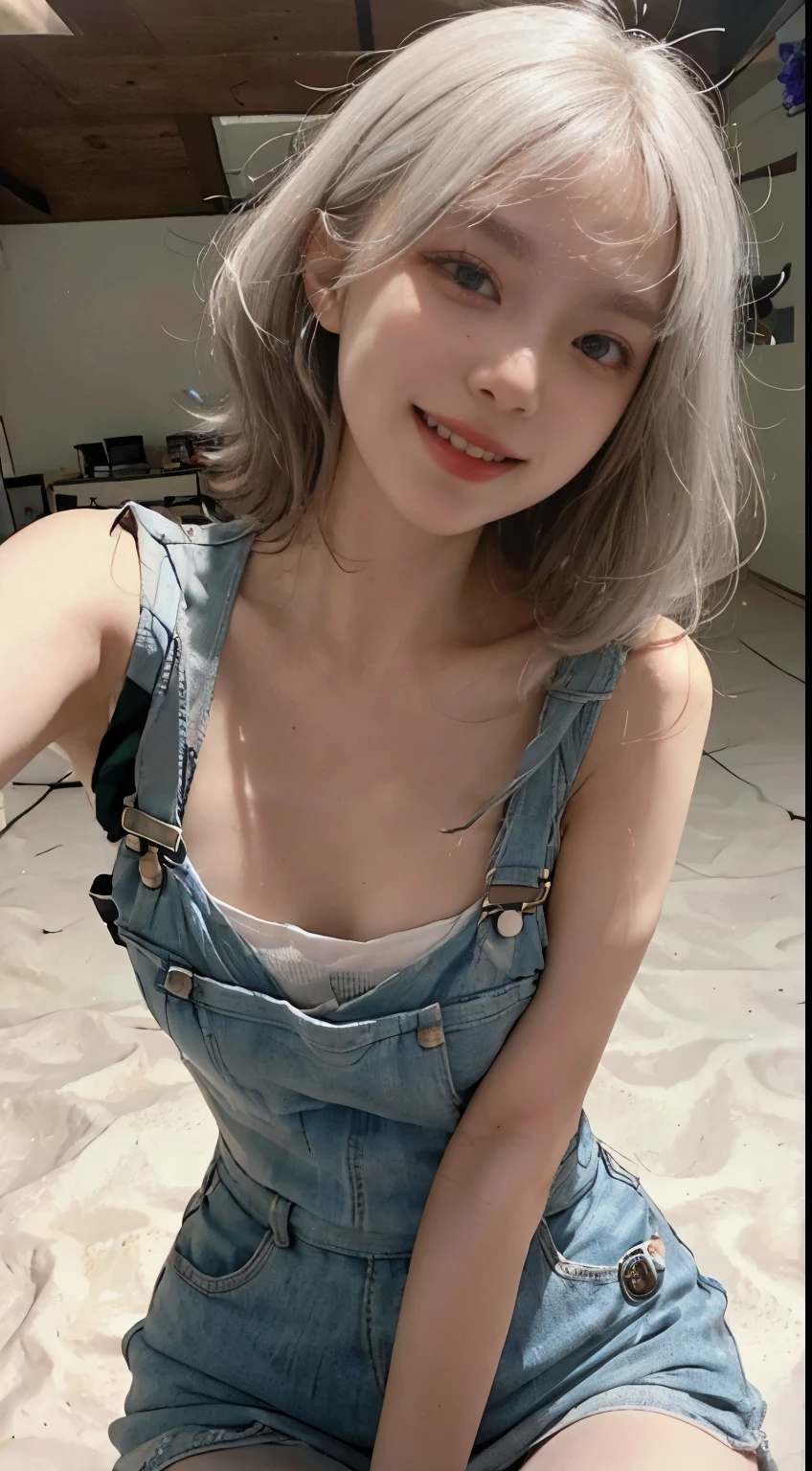 Best image quality、RAW Photos、超A high resolution、21 years old Korean、Small breasts、Dynamic Angle、Cowboy Shot、Chaos in its most beautiful form、elegant、Brutalist Design、Vibrant colors、Beautiful white hair、Short Bob、smile、fun、smile、Glowing White Skin、Beautiful eyes with random colors、Very thin lips、Beautiful eyes in every detail、length, Narrow eyes、Cheeks are pale pink、length eyelashes、Beautiful double eyelids、eye shadow、Bright white hair、Overalls、Sandy Beach、null、Shooting from below at an angle、Low - Angle