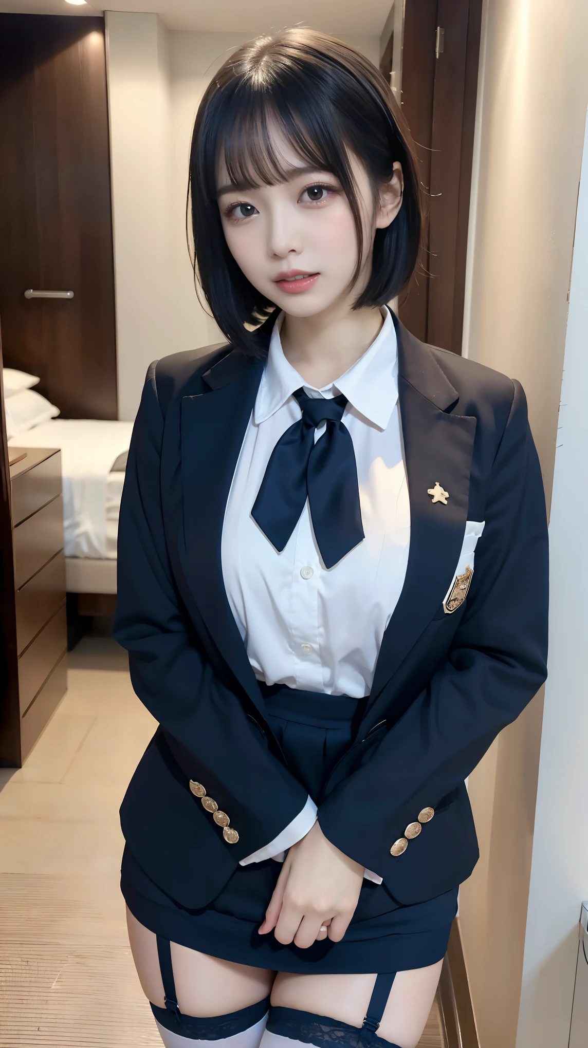 (8k, Raw photo, highest quality, masterpiece:1.2), masterpiece, highest quality, figure, Very detailed, Fine details, High resolution, 8k,wallpaper, Perfect dynamic composition,(Detailed high quality, Realistic depiction of eyes:1.3), ((2 girls, 2 high school girls)), The background is a room in a luxury hotel、 uniform、blazer 、Super Short Check Uniform Skirt、Navy blue knee-high socks、garter belt、huge 、Disheveled uniform, Play with each other,Touching each other's bodies,Touching the body of the girl next door, Short Bob Hair, Black hair color, hugeな胸, Big Natural Color Lip, Bold sexy pose, (Perfect figure), Crying a little、Cold Stare, Beautiful Makeup,Glitter makeup,The cutest 18 year old, Beautiful feet, Gravure idol pose, Voluptuous thighs, BREAK ceremony,((Random sexy poses、put in、Deep pleasure, Ecstatic eyes:1.2)), ((I gasp hard:1.2))、Ecstatic face、?????? expression, My whole body is convulsing
