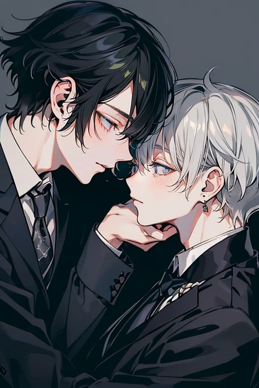 (Mastepiece), (Best Quality), Very detailed, ((Two men intimate:1.5)), Perfect Face, Beautiful Face, Very detailedな顔，(Black-haired man:1.3)，(Grey-haired man:1.3)、suit