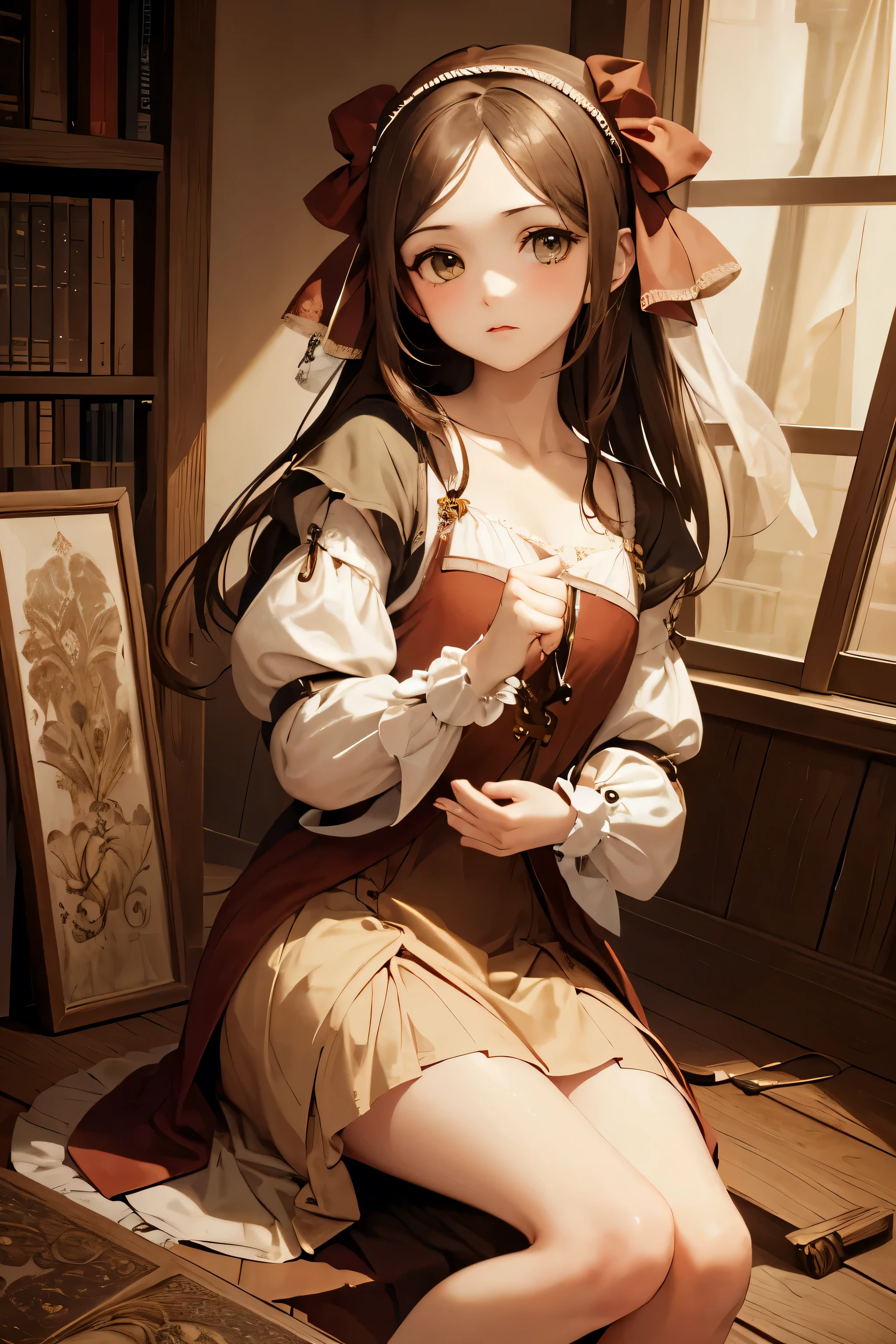 Girl, (masterpiece), best quality, in the style of Da Vinci. Sepia tone.