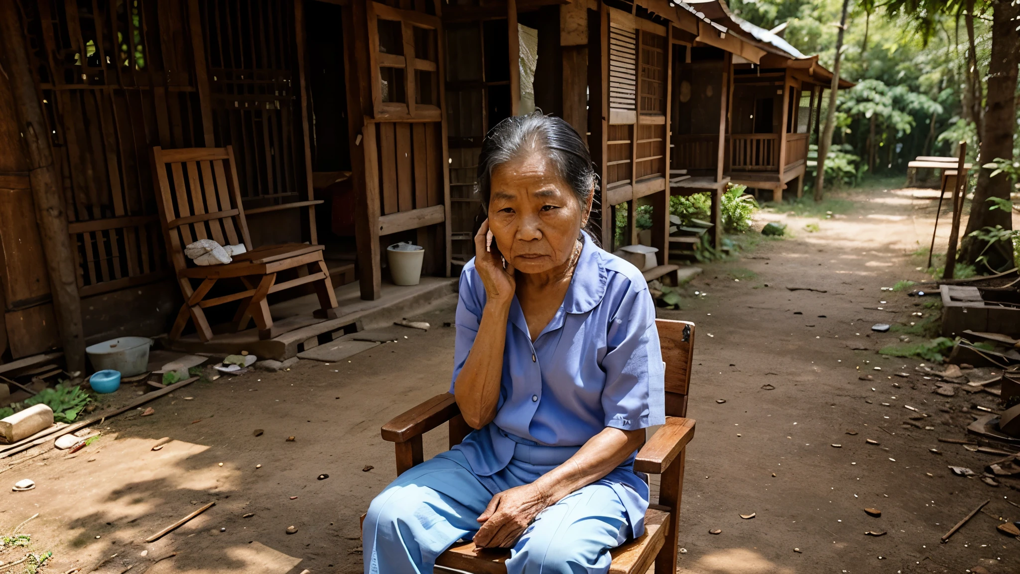 Elderly Thai woman, about 70 years old. Sad face, crying, sad Sitting on a wooden chair in front of the house in the forest