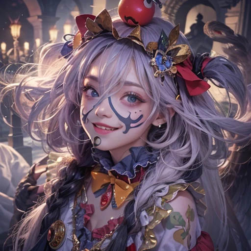 Standing in the grave、Hair flow、 ((highest quality、masterpiece、8k、Best image quality、Ultra-high resolution、Award-winning works)、(Accurate anatomy:1.1)、(Look at me and smile:1.1)、Shining fair skin with Ultra-high resolution、The most detailed face、Ultra-high resolution detailed face、Ultra-high resolutionの髪の毛、(Ultra-high resolution eye:1.1)、Beautiful face drawn in every detail、Cheerful clown costume, Chest to chest, Strange atmosphere, Ghosts flow, Dark Light, At the cemetery, Heavy makeup