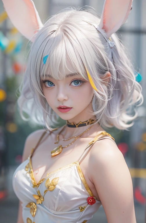 28 years old, Close-up portrait of a woman in a colorful clown costume、Shoulders out、thin、Serious expression、Short-haired、Deadly position, Gorgeous Necklace, Light milky porcelain skin, Smooth, Translucent white skin, Enchanting anime girl, Beautiful and seductive anime woman, Ultra realistic sweet bunny girl, Pale porcelain white skin, Smooth, Realistic and perfect body, Anime Girl Cosplay, Perfect body with realistic shadows, Switzerland&#39;masterpiece