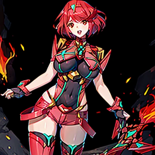 pyra \(xenoblade\), teen_1girl, , armor, bangs, black gloves, breasts, red eyes, closed mouth, earrings, eyelashes, fingerless gloves, floating hair, framed breasts, gem, gloves, hair ornament, headpiece, jewelry, big_breasts, leaning back, leotard, neon trim, official art, pose, red hair, red shorts, saitou masatsugu, short hair, short shorts, short sleeves, shorts, sidelocks, skin tight, solo, standing, swept bangs, thighhighs, tiara, night_prairie_background, turtleneck, underbust, vambraces, xenoblade chronicles \(series\), (xenoblade chronicles 2), apart_legs, fire_effect,dynamic_pose,fighting,light_smile, (plump:1.1), big_ass,huge_sword, hold_large_sword_hilt, solo, covered_nipples, covered_pussy,open_mouth,back_view, fists,