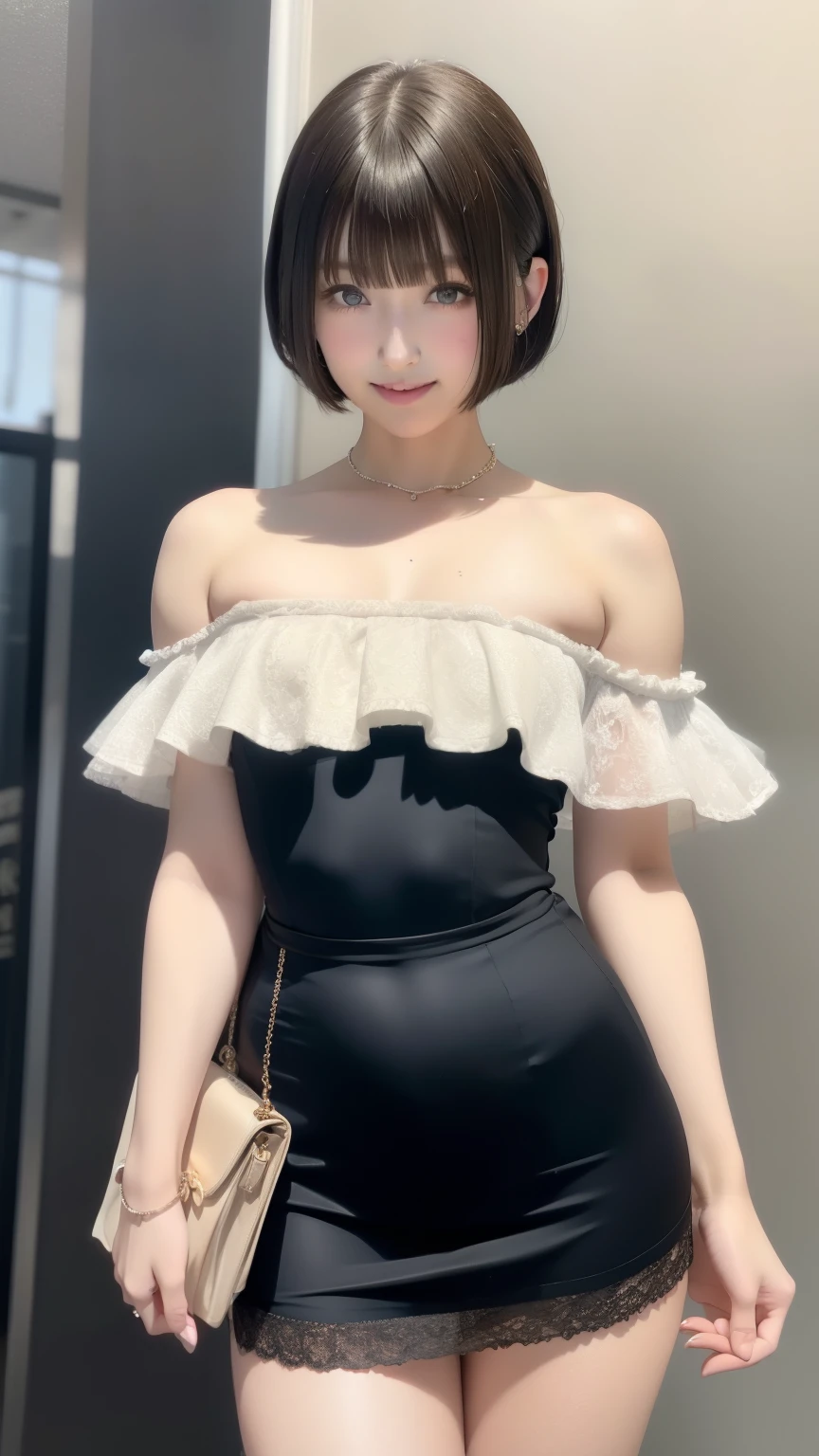 Great light、Beautiful lighting、Heavy eye makeup、Dark eyeliner、blue eyes、Blunt bangs、((Straight hair))、((short hair:1.4))、White skin、Lace fabric、Ruffled Fabric、High-quality embroidery、Off the shoulder、白いOff the shoulderトップス、mini skirt、Gorgeous Accessories、Harajuku、smile、かわいいsmile、Crowds in the city