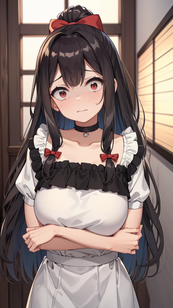 adulto, Cabello negro ondulado, mirada penetrante con ojos profundos de color rojo, estatura promedio, Silky hair with a ponytail hairstyle collected with a red bow with two white lines, tiene pechos grandes, primer plano, session, standing in the middle of his room [[[[Maid]]] , Sonrojada, muslos grandes, maid, elfa 