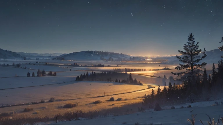 uninhabited natural slavic landscape at night, plains and a hill