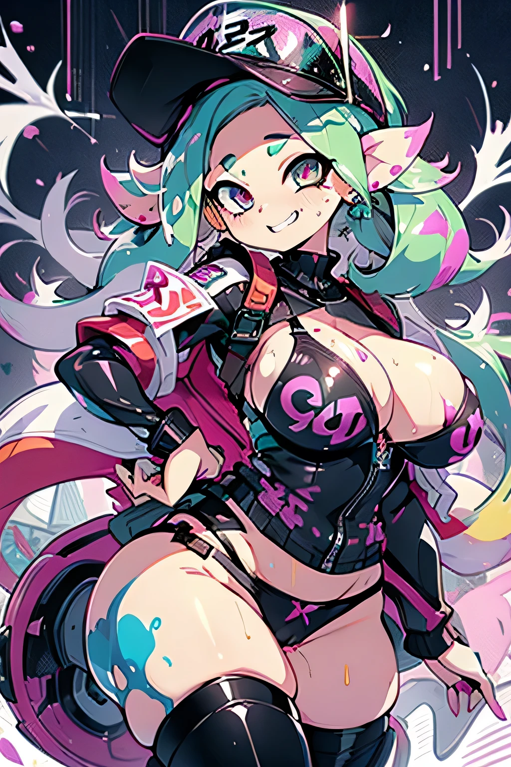 Erotic Anime Illustration、highest quality、Sex Appeal、Downtown Festival、Laughing with tongue out、A city covered in graffiti paint、Selling aphrodisiacs、Splatoon、A plump gal covered in ink、Perfect proportions、Very large breasts、Exposed nipples、Fatty legs、Beautiful, shining eyes、Exposing the vagina、Sweaty、Cowboy Shot、Hatsune Miku