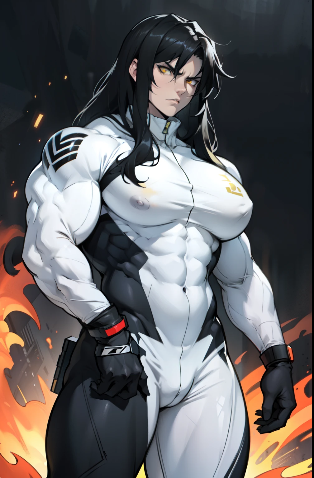 pale skin solo 1 girl black hair yellow eyes angry very long hair dark atmosphere ((huge breasts bodybuilder toned body muscular)) white skinsuit