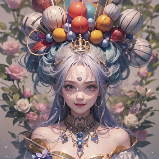 Hiding in the tomb、Hair flow、 ((highest quality、masterpiece、8k、Best image quality、Ultra-high resolution、Award-winning works)、(Accurate anatomy:1.1)、(Look at me and smile:1.1)、Shining fair skin with Ultra-high resolution、The most detailed face、Ultra-high resolution detailed face、Ultra-high resolutionの髪の毛、(Ultra-high resolutionの煌めく瞳:1.1)、Beautiful face drawn in every detail、Cheerful clown costume, Chest to chest, tattoo,Strange atmosphere, Ghosts flow 