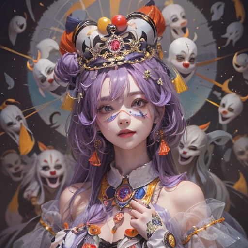 Hiding in the tomb、Hair flow、 ((highest quality、masterpiece、8k、Best image quality、Ultra-high resolution、Award-winning works)、(Accurate ???????:1.1)、(Look at me and smile:1.1)、Shining fair skin with Ultra-high resolution、The most detailed face、Ultra-high resolution detailed face、Ultra-high resolutionの髪の毛、(Ultra-high resolutionの煌めく瞳:1.1)、Beautiful face drawn in every detail、Cheerful clown costume, Chest to chest, tattoo,Strange atmosphere, Ghosts flow