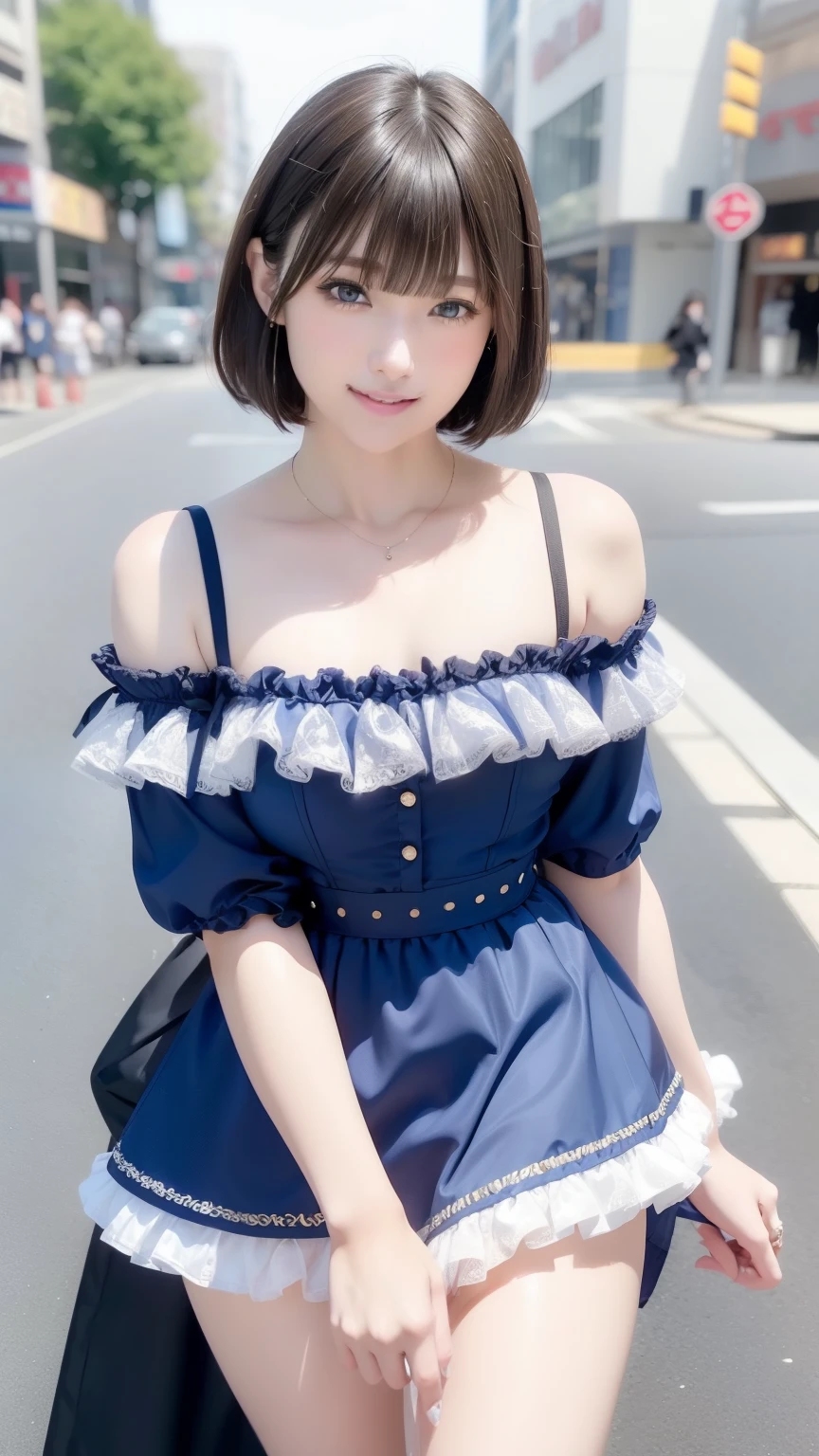 Great light、Beautiful lighting、Heavy eye makeup、Dark eyeliner、blue eyes、Blunt bangs、((Straight hair))、((short hair:1.4))、White skin、Lace fabric、Ruffled Fabric、High-quality embroidery、Off the shoulder、白いOff the shoulderトップス、mini skirt、Gorgeous Accessories、Harajuku、smile、かわいいsmile、Crowds in the city