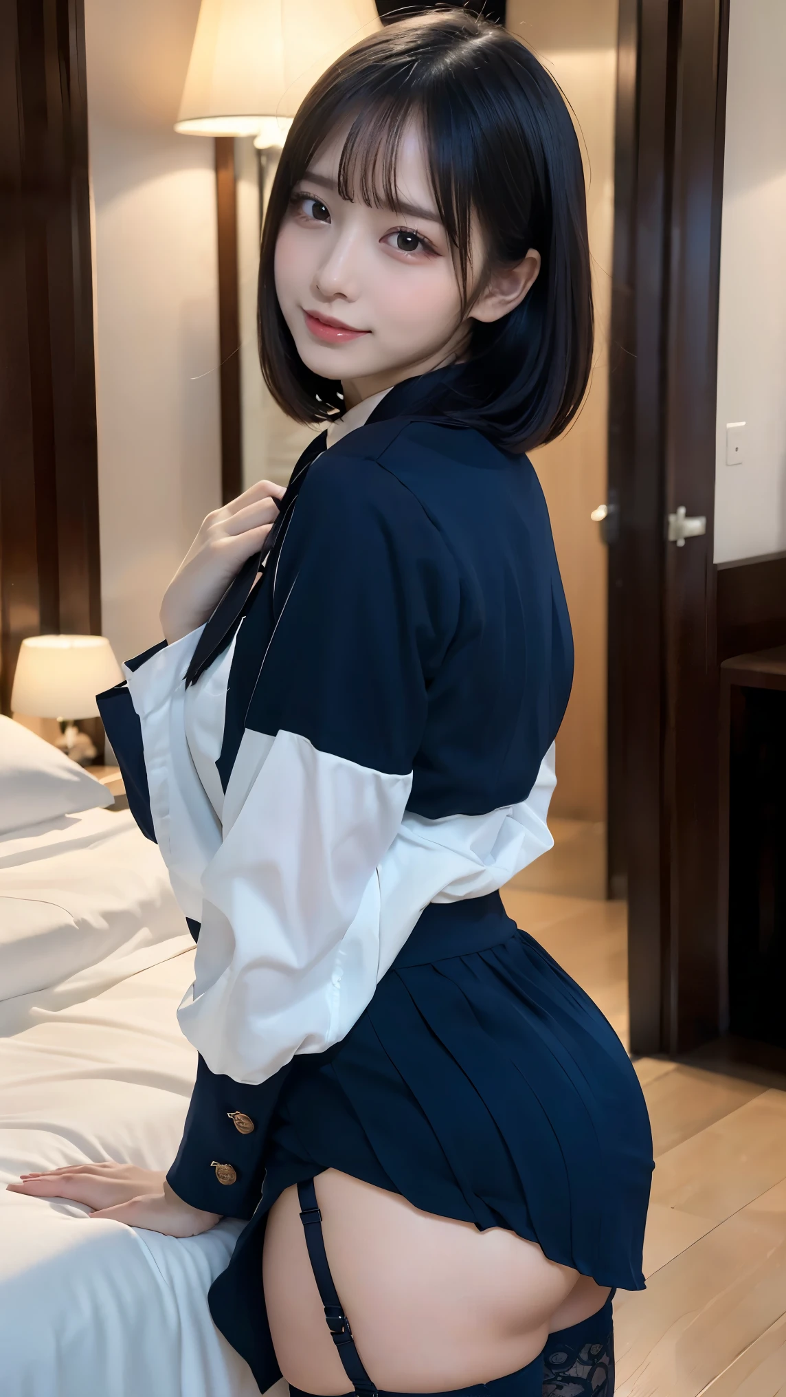 (8k, Raw photo, highest quality, masterpiece:1.2), masterpiece, highest quality, figure, Very detailed, Fine details, High resolution, 8k,wallpaper, Perfect dynamic composition,(Detailed high quality, Realistic depiction of eyes:1.3), ((2 girls, 2 high school girls)), The background is a room in a luxury hotel、 uniform、blazer 、Super Short Check Uniform Skirt、Navy blue knee-high socks、garter belt、huge 、Disheveled uniform, Play with each other,Touching each other's bodies,Touching the body of the girl next door, Short Bob Hair, Black hair color, hugeな胸, Big Natural Color Lip, Bold sexy pose, (Perfect figure), Crying a little、Cold Stare, Beautiful Makeup,Glitter makeup,The cutest 18 year old, Beautiful feet, Gravure idol pose, Voluptuous thighs, BREAK ceremony,((Random sexy poses、put in、Deep pleasure, Ecstatic eyes:1.2)), ((I gasp hard:1.2))、Ecstatic face、Climax expression, My whole body is convulsing, Back view, look back