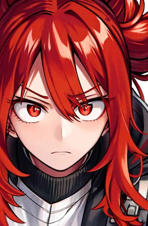 horikoshi kouhei,Blurred background, boku no hero academia, Close-up, Young woman with long red hair with a bun, He wears a black jacket.   Indifferent, radiant red eyes 