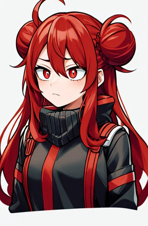 horikoshi kouhei,Blurred background, boku no hero academia, Close-up, Young woman with long red hair with a bun, He wears a black jacket.   Indifferent, radiant red eyes 