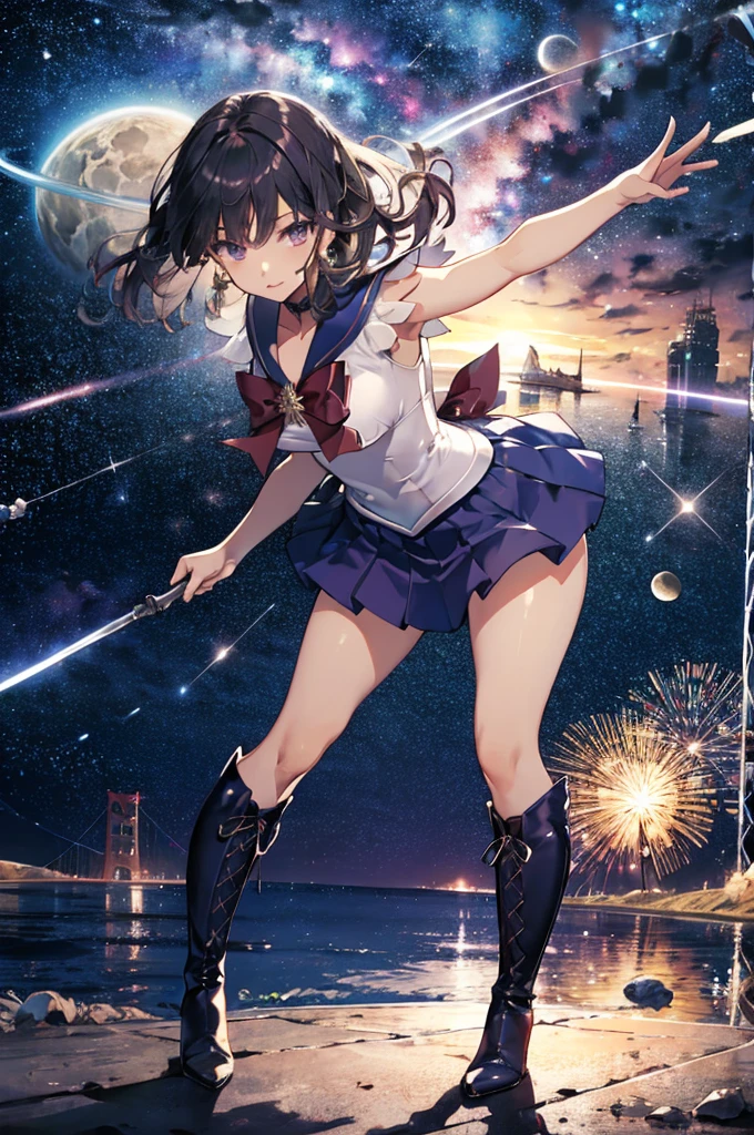 (full body),1 girl，solo，Sailor Saturn, purple Sailor collar, Sailor collar, Sailor Warrior Uniform,leotard，Elbow Handbags，Braided knee-high boots，Black Hair，Bobcut，Gold tiara on forehead, Tomoe Hotaru, space, silence_sword, (masterpiece:1.2), (Highest_quality:1.2), (Ultra_detailed:1.3), 8k, very_clear, Breaking Dynamic Shots，Kung Fu Pose，Highestquality, High resolution, unity 8k wallpaper, (shape:0.8), (Beautiful and fine grain:1.6), verydetailedな顔, Perfect Sentence, detailedなCG, (Perfect hands, Perfect Anatomy),Thick thighs, Squat，Spread your legs，Dynamic Angle, (From behind,Bent over, Remember),Looking down，From below，