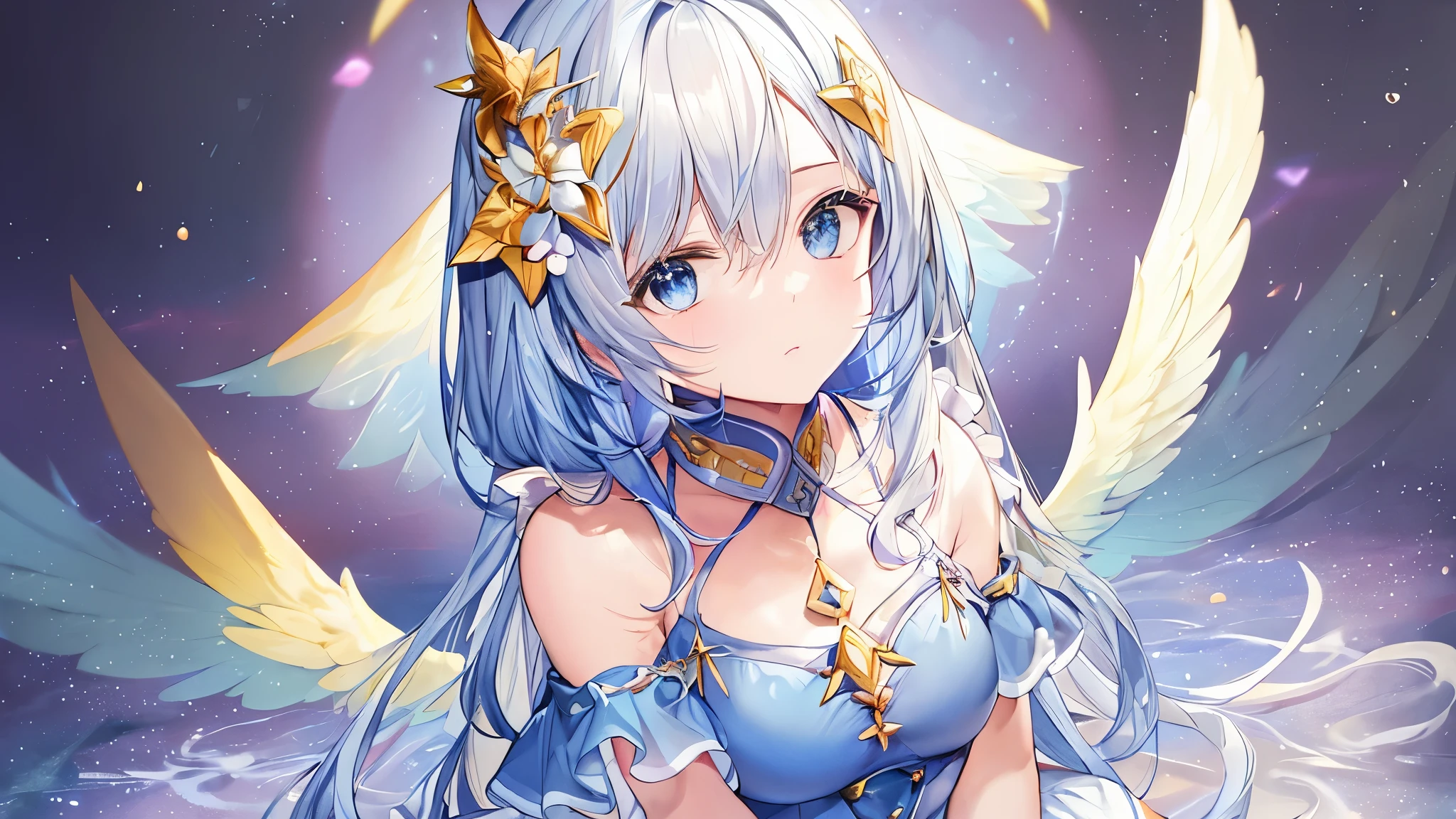 a portrait, a 10 year old girl, angel, celestial, divine, super shiny bluish yellow hair