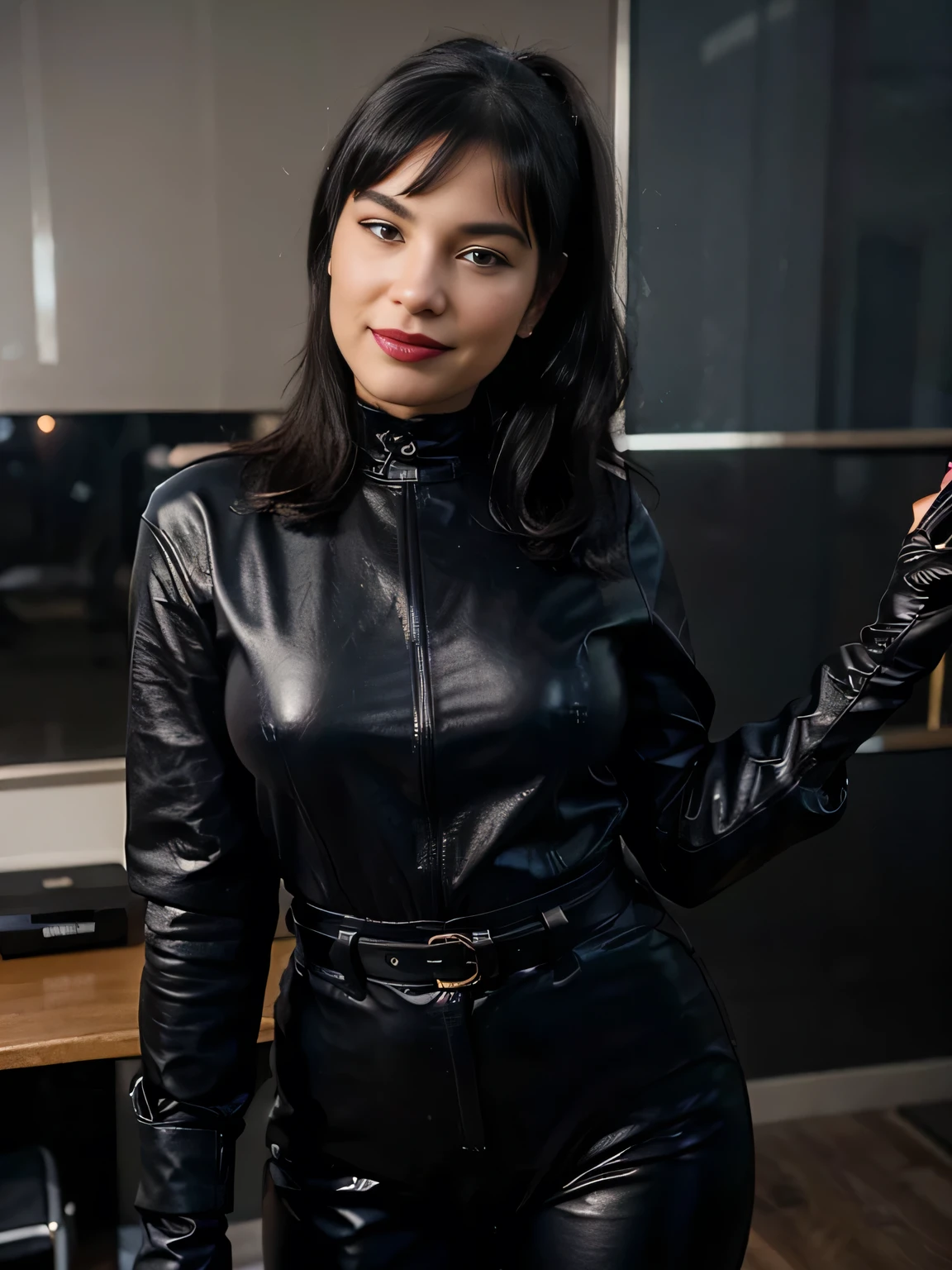 The secretary of the boss, 25 years old, smiling gorgeous Bettie Page,ponytail, black hair, completly dressed in a Navy blue wool blend trouser suit with peak lapels, red lipstick, ((detailed black leather gloves)), in the lawyer's office watin for the boss,flirting with the camera, perfect body, perfect penis, 4k, , (HD) (( up front view))