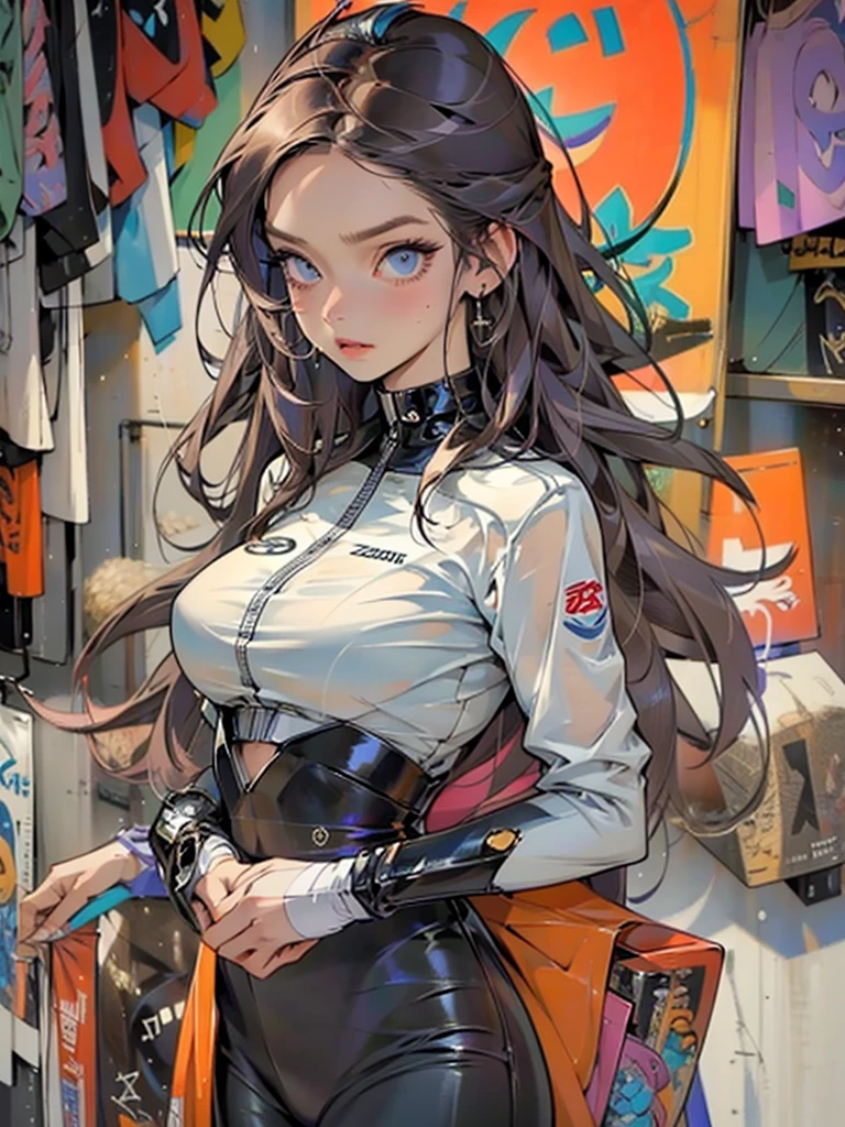 breathtaking oil painting, 1perfect beautiful girl, Dressed in a leather jumpsuit that shows off her perfect body and huge tits, laser gun in her right hand, violet very long flowing hair, in a futuristic city