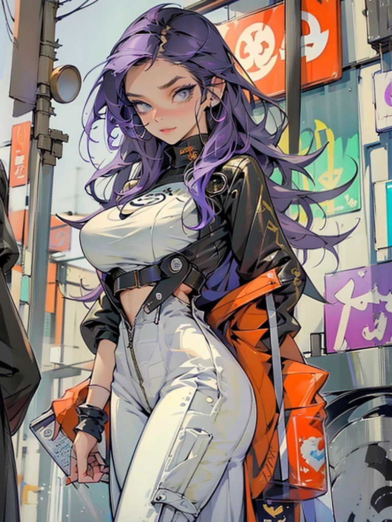 breathtaking oil painting, 1perfect beautiful girl, Dressed in a leather jumpsuit that shows off her perfect body and huge tits, laser gun in her right hand, violet very long flowing hair, in a futuristic city