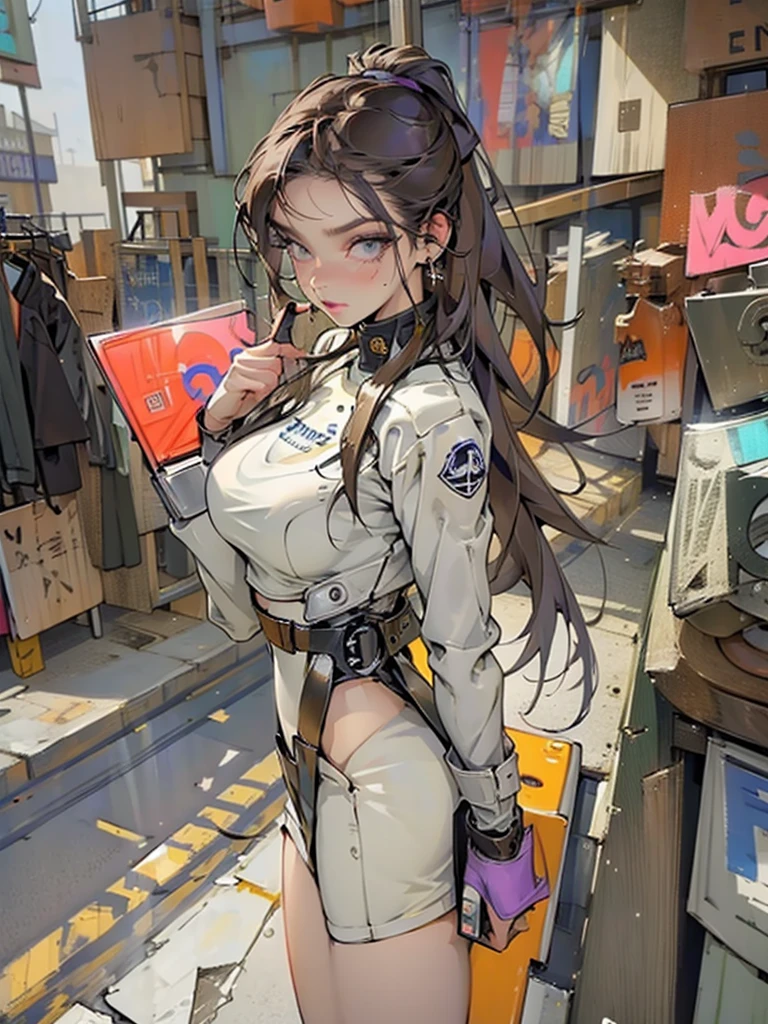 breathtaking oil painting, 1perfect beautiful girl, Dressed in a leather jumpsuit that shows off her perfect body and huge tits, laser gun in her right hand, violet very long flowing hair, in a futuristic city