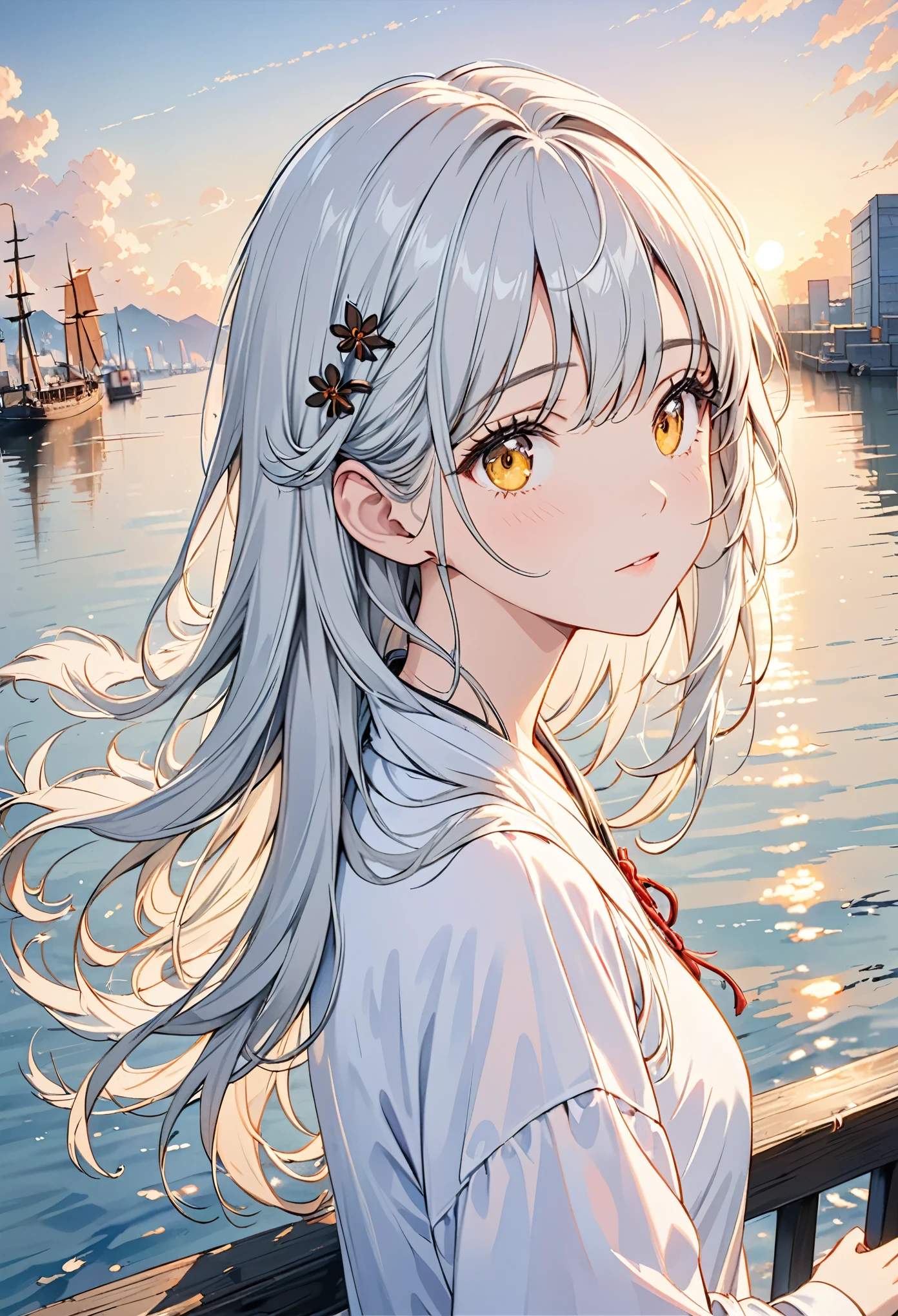Medium shot, Medium shot, Depth of Field, Break, Upper Body, angle, masterpiece, best quality, Super detailed, CG, 8k wallpaper, Pretty Face, Delicateeyes, Girl, Solitary, White long hair, Yellow eyes, hairpin, White shirt, black连帽夹克, black棒球帽, black, black过膝靴, Sunset, 中世纪port, port, Delicate water surface, sun reflection