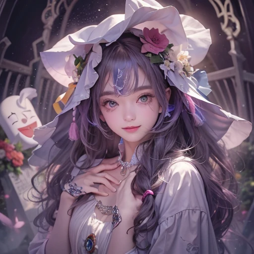 Standing in the grave、Hair flow、 ((highest quality、masterpiece、8k、Best image quality、Ultra-high resolution、Award-winning works)、(Accurate anatomy:1.1)、(Look at me and smile:1.1)、Shining fair skin with Ultra-high resolution、The most detailed face、Ultra-high resolution detailed face、Ultra-high resolutionの髪の毛、(Ultra-high resolution eye:1.1)、Beautiful face drawn in every detail、Cheerful clown costume, Chest to chest, Strange atmosphere, Ghosts flow, Dark Light, At the cemetery, Heavy makeup