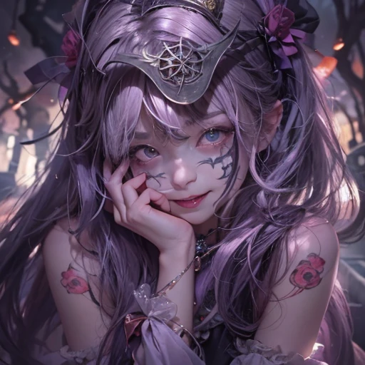 Standing in the grave、Hair flow、 ((highest quality、masterpiece、8k、Best image quality、Ultra-high resolution、Award-winning works)、(Accurate anatomy:1.1)、(Look at me and smile:1.1)、Shining fair skin with Ultra-high resolution、The most detailed face、Ultra-high resolution detailed face、Ultra-high resolutionの髪の毛、(Ultra-high resolution eye:1.1)、Beautiful face drawn in every detail、Cheerful clown costume, Chest to chest, Strange atmosphere, Ghosts flow, Dark Light, At the cemetery, Heavy makeup