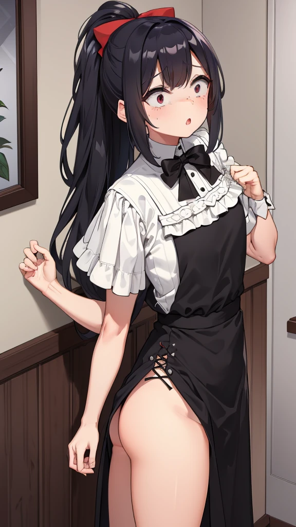 adulto, Cabello negro ondulado, mirada penetrante con ojos profundos de color rojo, estatura promedio, Silky hair with a ponytail hairstyle collected with a red bow with two white lines, tiene pechos grandes, primer plano, session, standing in the middle of his room [[[[Maid]]] , Sonrojada, muslos grandes, maid, elfa 